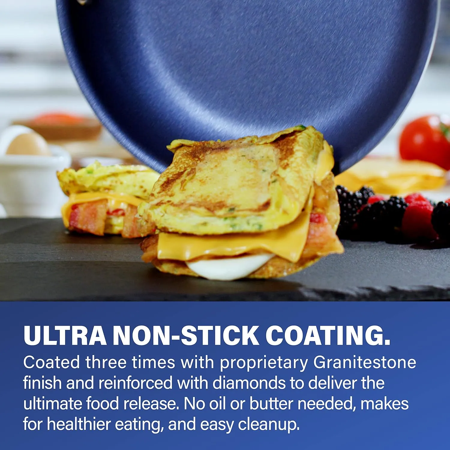 Granitestone 14 Inch Frying Pan with Lid, Large Non Stick Skillet for Cooking, Frying Pans Nonstick, Ultra Durable Mineral and Diamond Coating, Family Sized Open Skillet, Oven/Dishwasher Safe, Blue