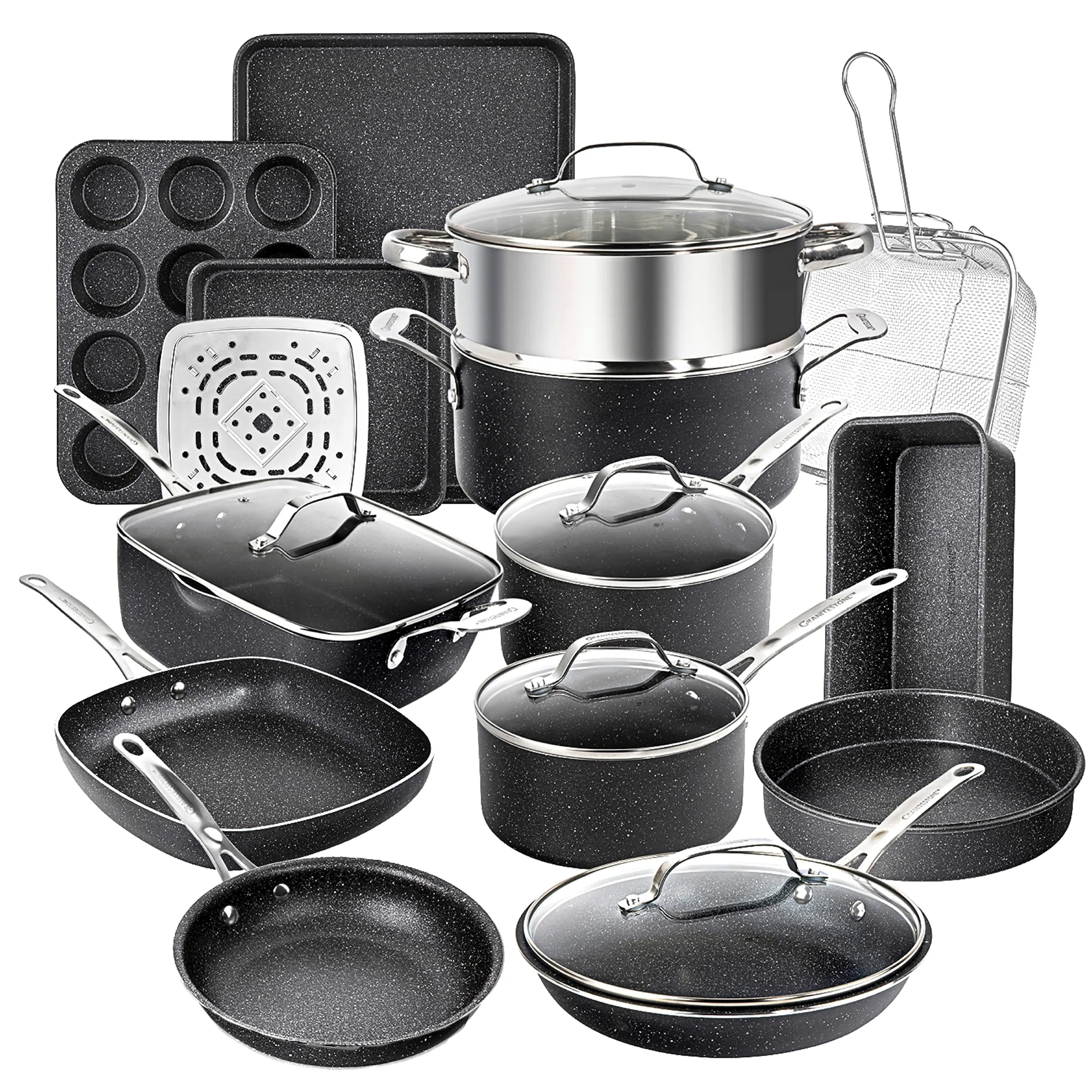 GRANITESTONE 20 Pc Pots and Pans Set Non-Stick Cookware Set, Kitchen Cookware Sets with Deep Frying Pan Set, Bakeware and More for Cooking, Non Toxic, Oven and Dishwasher Safe