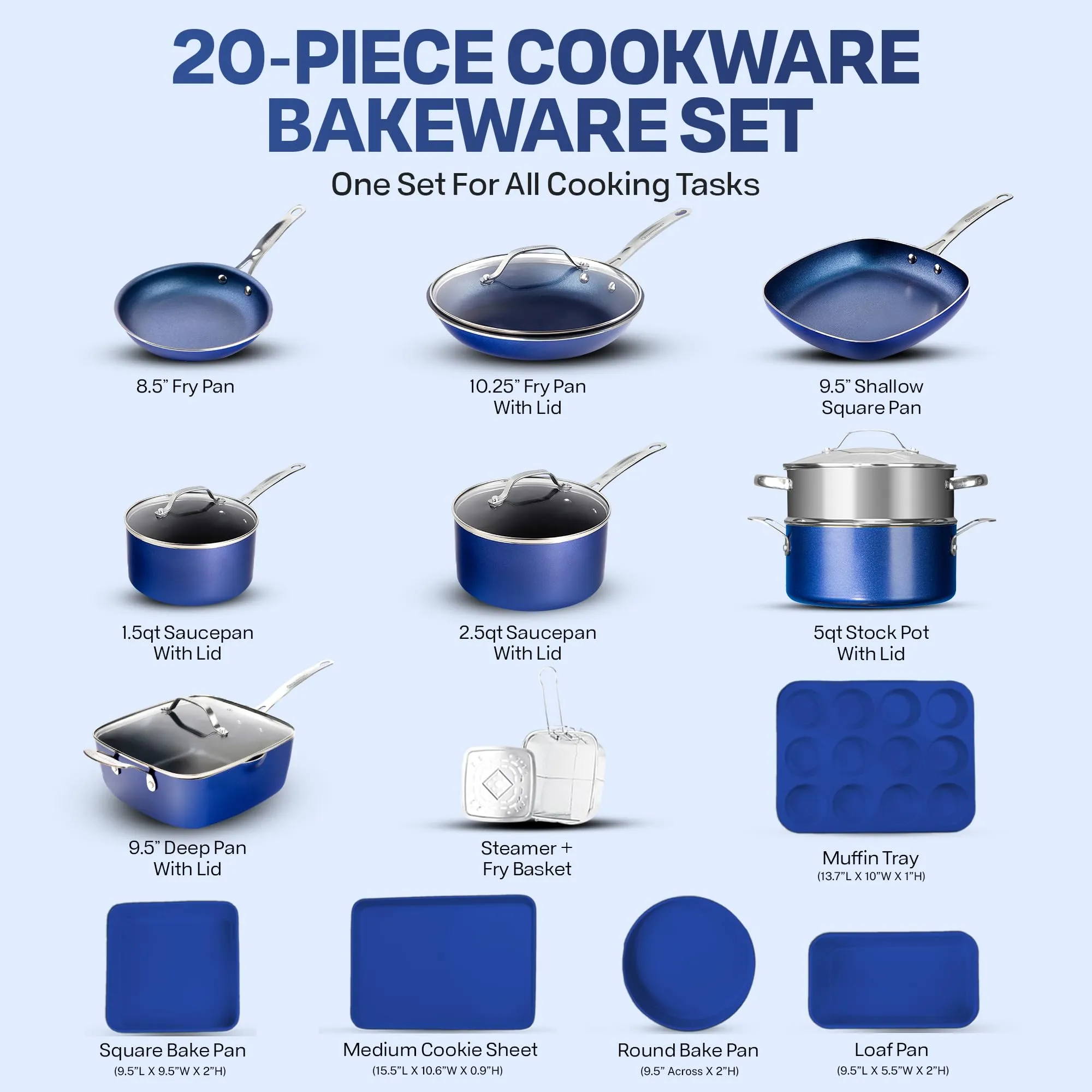 GRANITESTONE 20 Pc Pots and Pans Set Non-Stick Cookware Set, Kitchen Cookware Sets with Deep Frying Pan Set, Bakeware and More for Cooking, Non Toxic, Oven and Dishwasher Safe