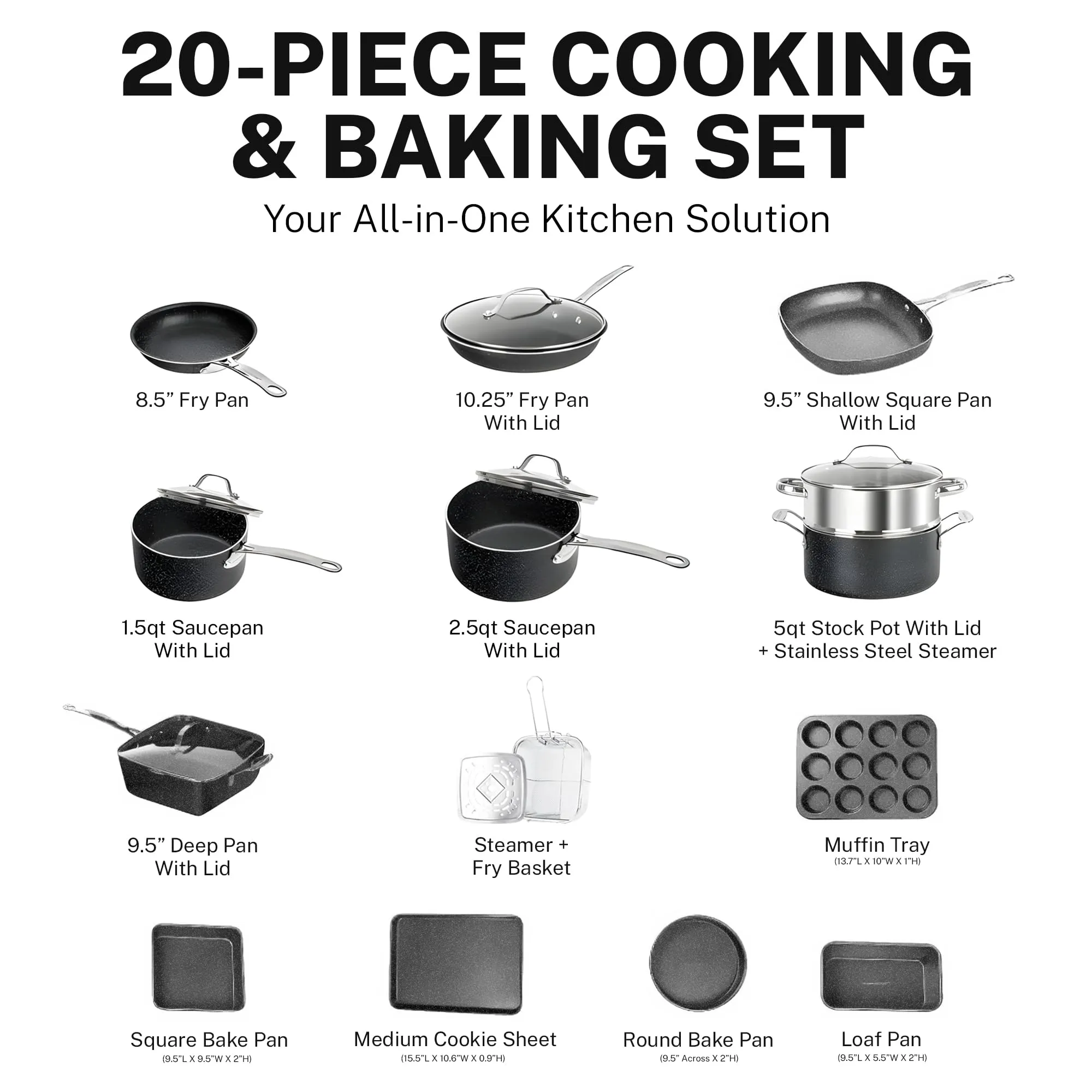 GRANITESTONE 20 Pc Pots and Pans Set Non-Stick Cookware Set, Kitchen Cookware Sets with Deep Frying Pan Set, Bakeware and More for Cooking, Non Toxic, Oven and Dishwasher Safe