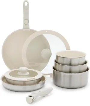 GreenLife 10 Piece Stainless Steel Pots and Pans, Detachable & Stackable Kitchen Set, Tri Ply Ceramic Nonstick PFAS Free Cookware, Space Saving with Removable Handle, Induction & Oven Safe, Glass Lid