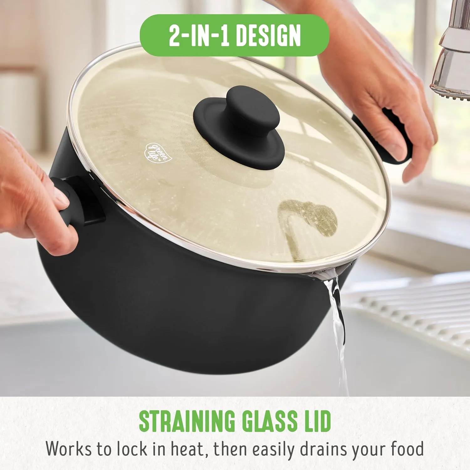 GreenLife 6QT Ceramic Nonstick Stockpot with Glass Straining Lid, PFAS & PFOA-Free, Dishwasher Safe, Stay-Cool Handles, Oven Safe to 350°F, Wobble-Free Base, Even Heating, Black