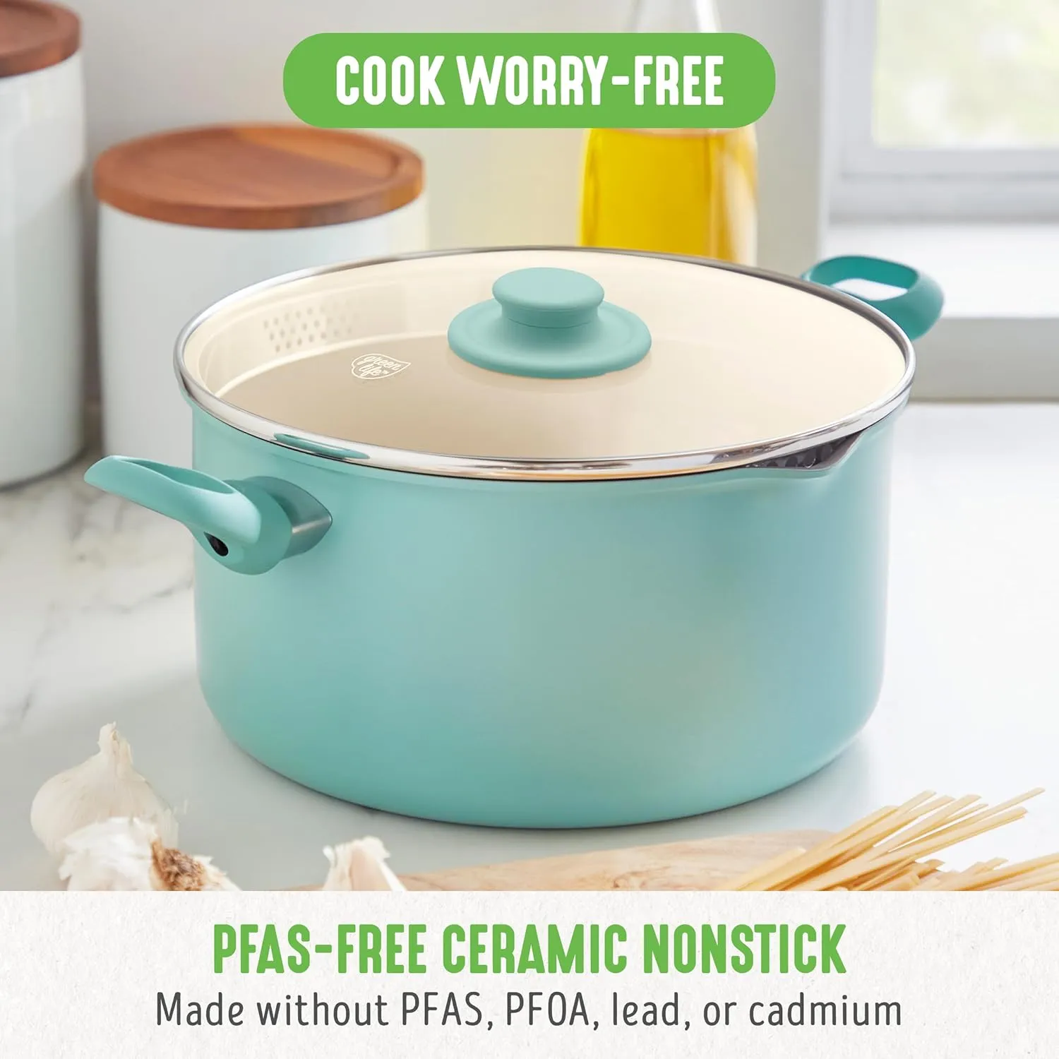 GreenLife 6QT Ceramic Nonstick Stockpot with Glass Straining Lid, PFAS & PFOA-Free, Dishwasher Safe, Stay-Cool Handles, Oven Safe to 350°F, Wobble-Free Base, Even Heating, Turquoise