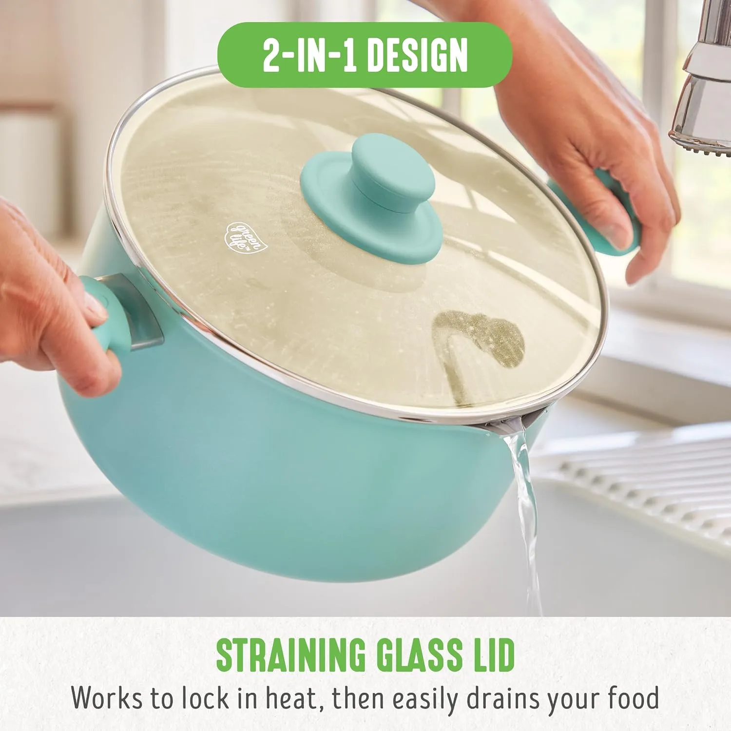 GreenLife 6QT Ceramic Nonstick Stockpot with Glass Straining Lid, PFAS & PFOA-Free, Dishwasher Safe, Stay-Cool Handles, Oven Safe to 350°F, Wobble-Free Base, Even Heating, Turquoise
