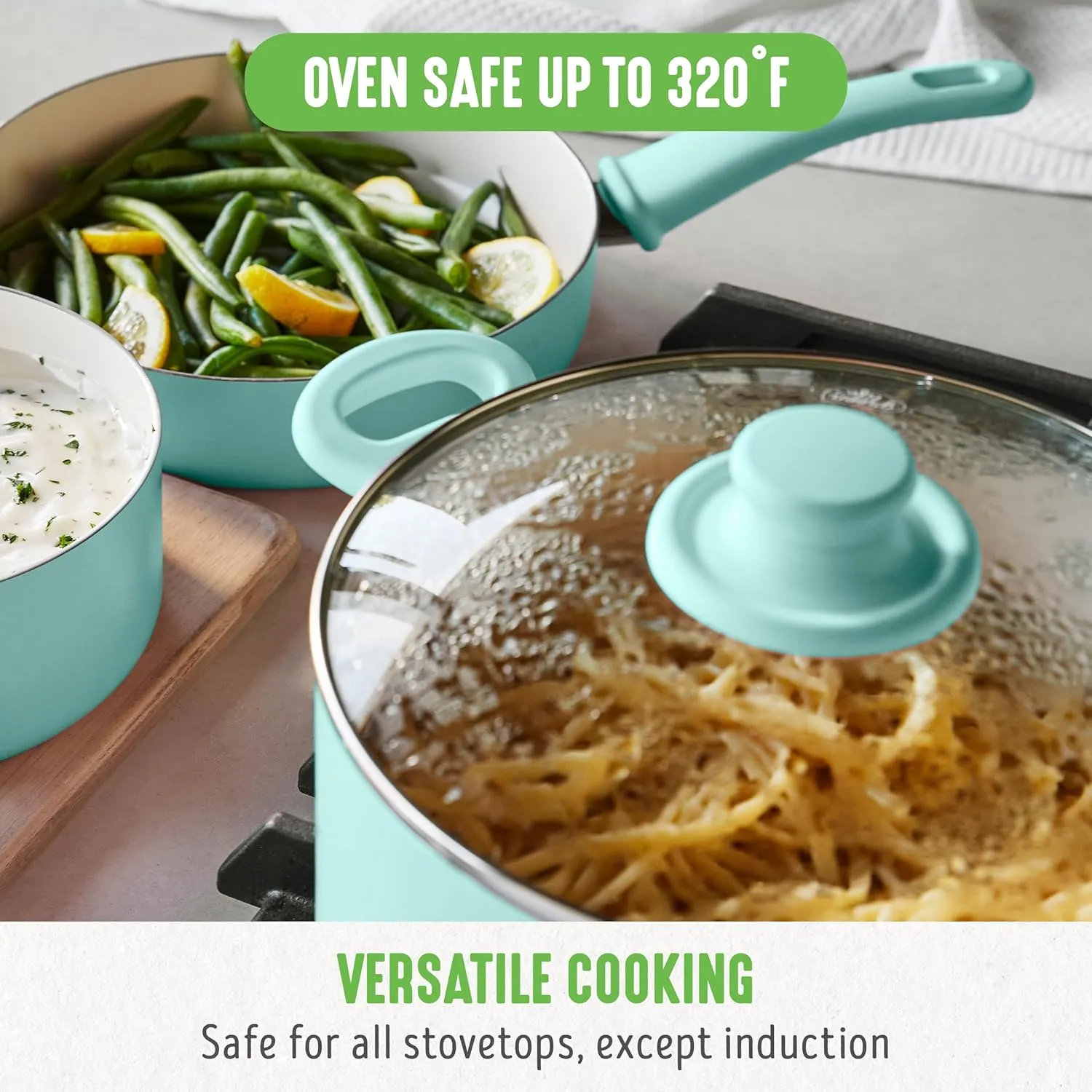 GreenLife 6QT Ceramic Nonstick Stockpot with Glass Straining Lid, PFAS & PFOA-Free, Dishwasher Safe, Stay-Cool Handles, Oven Safe to 350°F, Wobble-Free Base, Even Heating, Turquoise