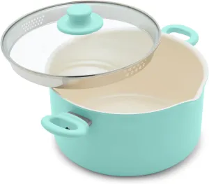 GreenLife 6QT Ceramic Nonstick Stockpot with Glass Straining Lid, PFAS & PFOA-Free, Dishwasher Safe, Stay-Cool Handles, Oven Safe to 350°F, Wobble-Free Base, Even Heating, Turquoise