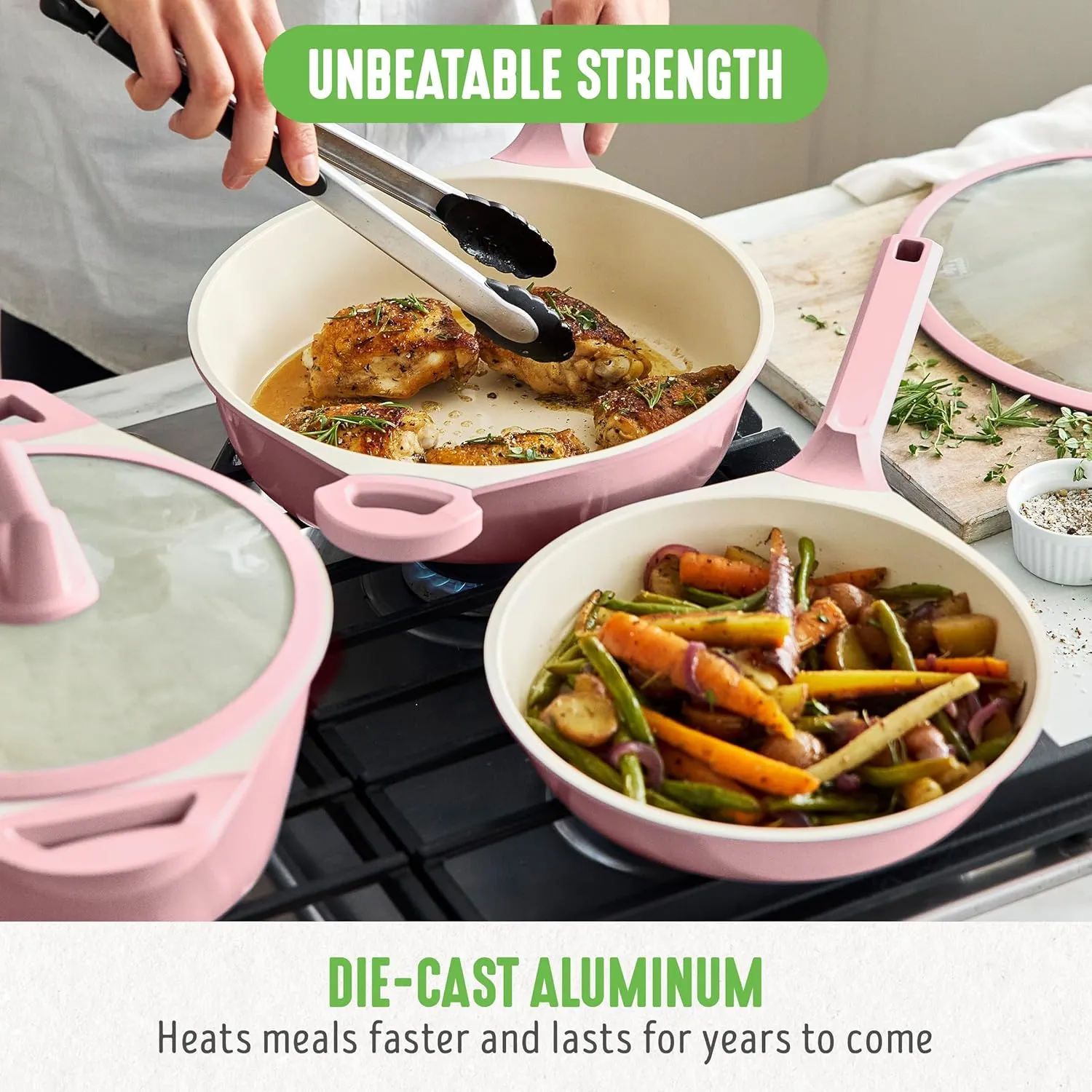 GreenLife Arte 8 Piece Ceramic Nonstick Cookware Pots and Pans Set, Induction Suitable, PFOA & PFAS Free, Stay-Cool Handles, Glass Lids, Stock Saucepans & Frying Pans, Dishwasher Safe, Light Pink