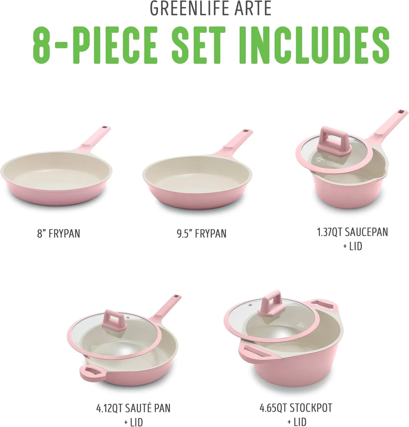 GreenLife Arte 8 Piece Ceramic Nonstick Cookware Pots and Pans Set, Induction Suitable, PFOA & PFAS Free, Stay-Cool Handles, Glass Lids, Stock Saucepans & Frying Pans, Dishwasher Safe, Light Pink