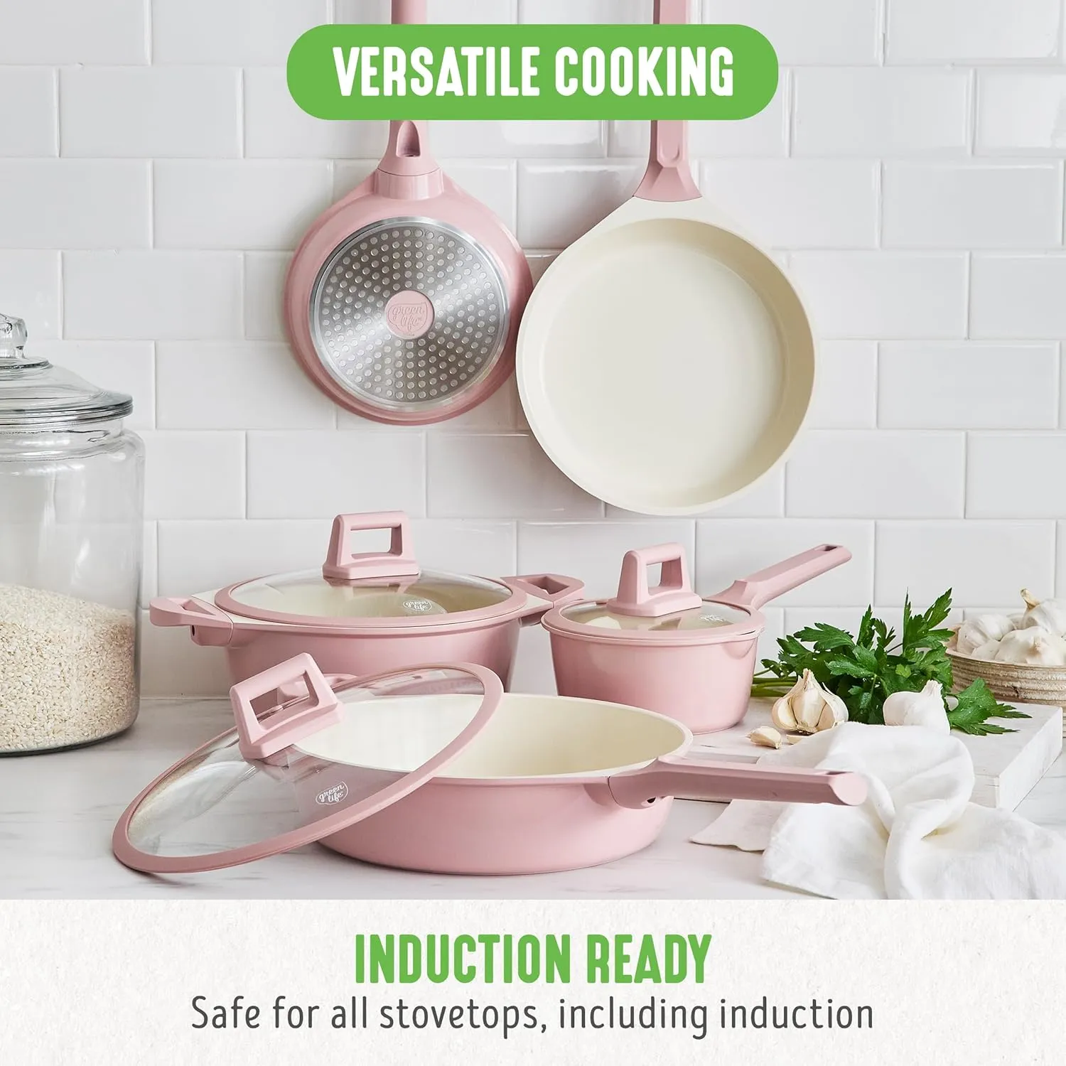 GreenLife Arte 8 Piece Ceramic Nonstick Cookware Pots and Pans Set, Induction Suitable, PFOA & PFAS Free, Stay-Cool Handles, Glass Lids, Stock Saucepans & Frying Pans, Dishwasher Safe, Light Pink