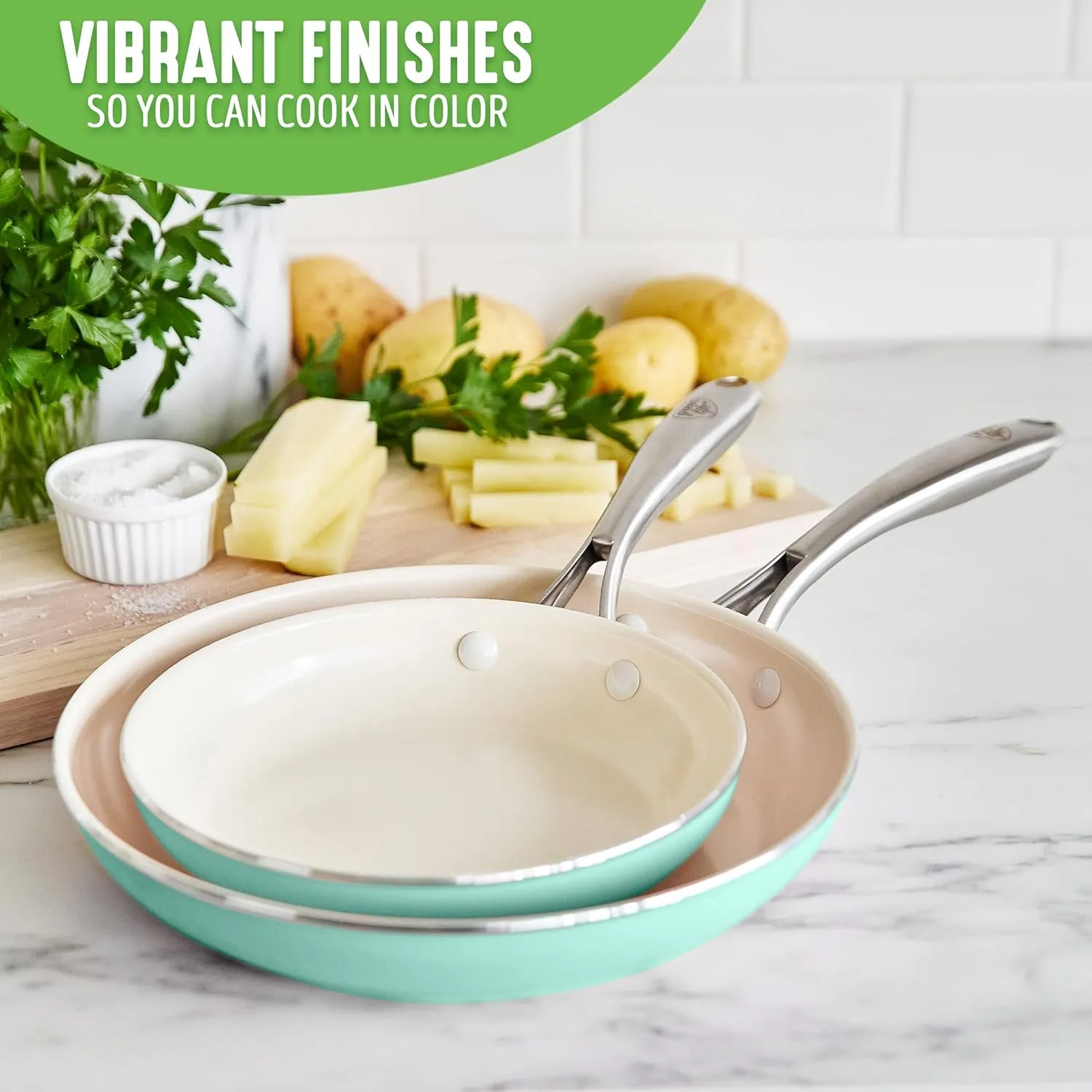 GreenLife Artisan Healthy Ceramic Nonstick, 8" and 10" Frying Pan Skillet Set, Stainless Steel Handle, Induction, PFAS-Free, Dishwasher Safe, Oven Safe, Turquoise