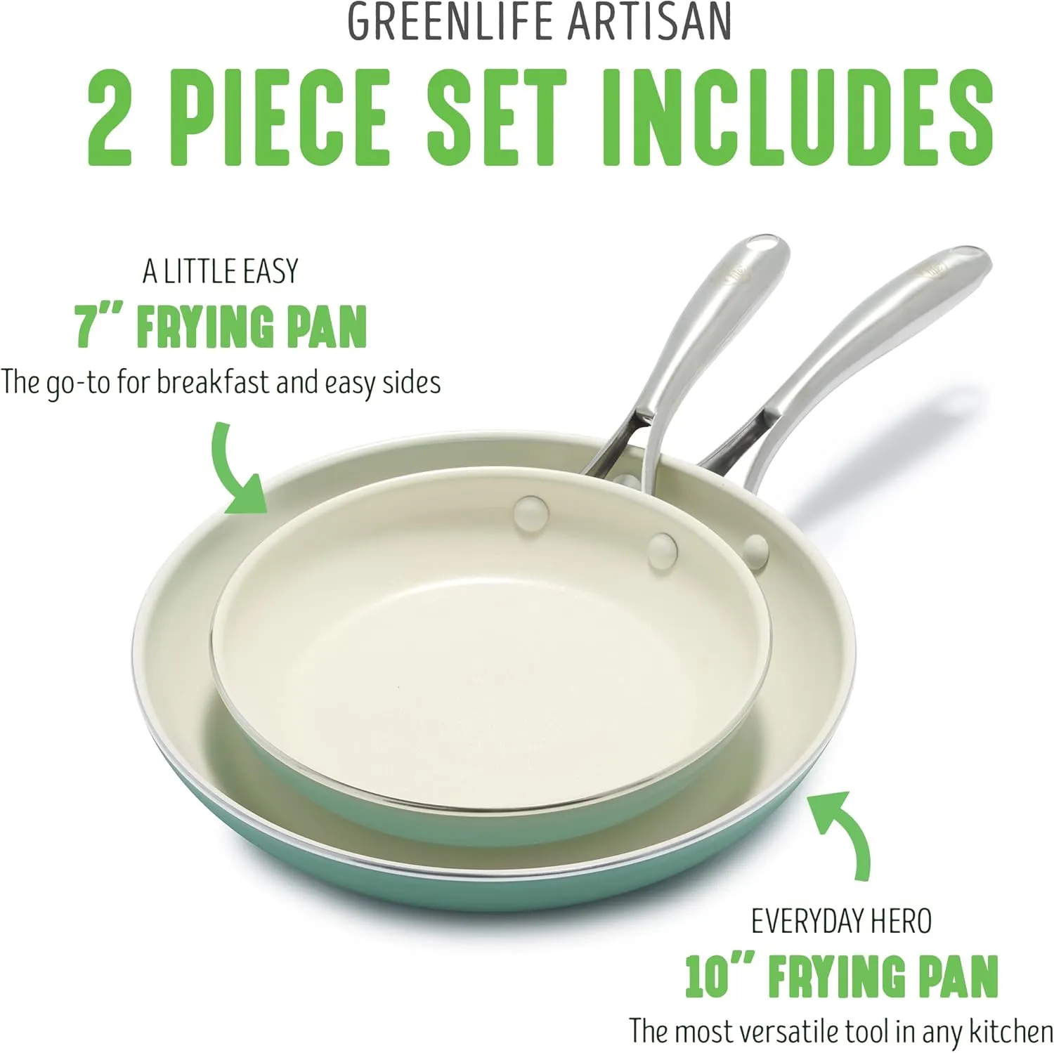 GreenLife Artisan Healthy Ceramic Nonstick, 8" and 10" Frying Pan Skillet Set, Stainless Steel Handle, Induction, PFAS-Free, Dishwasher Safe, Oven Safe, Turquoise