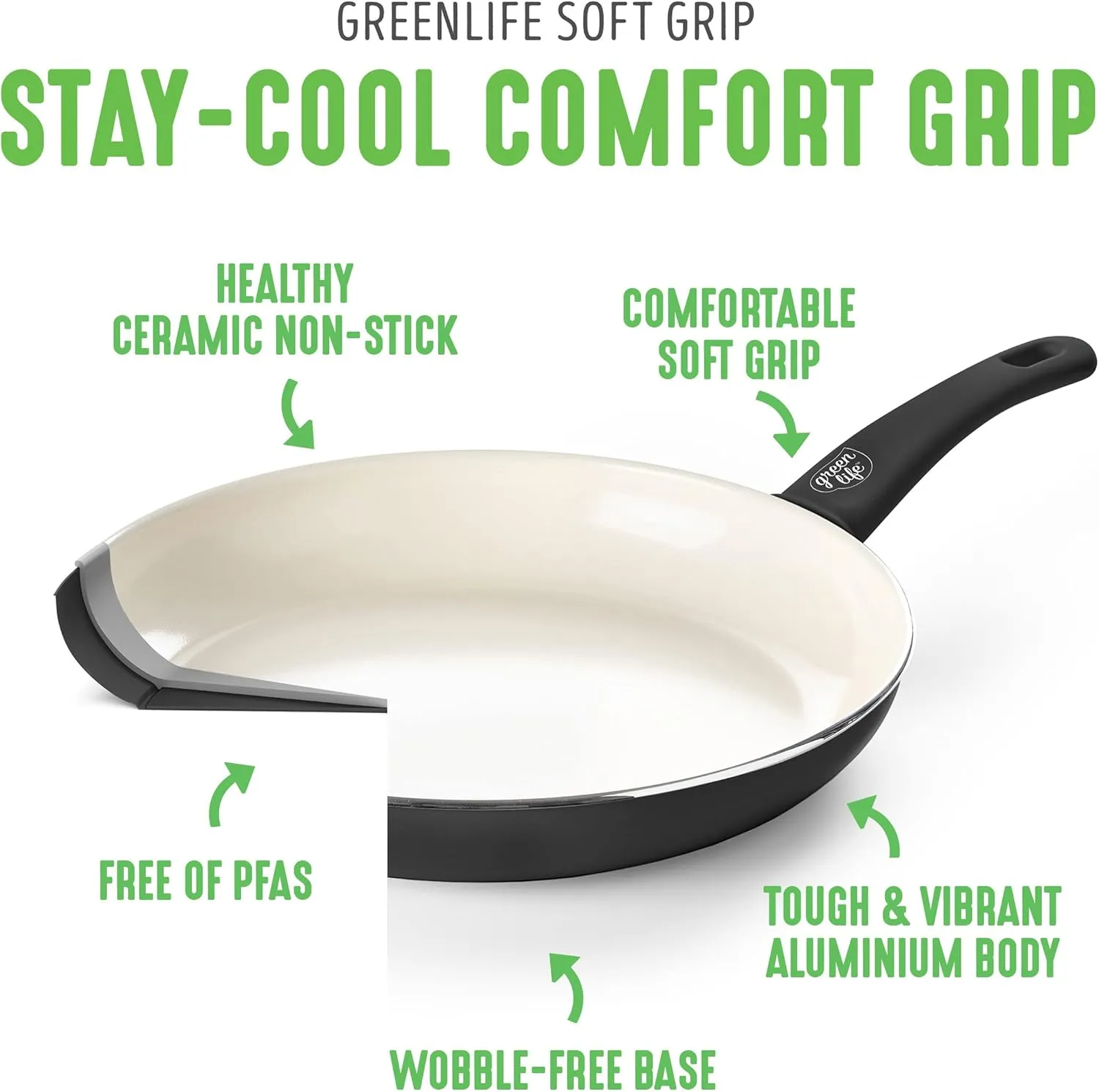 GreenLife Soft Grip 16 Piece Cookware Set, Non-Toxic PFAS-Free Ceramic Nonstick, Frying, Sauce, Saute, Utensils, Glass Lids, Stay-Cool Handles, Wobble Free, Dishwasher & Oven Safe, Black and Cream