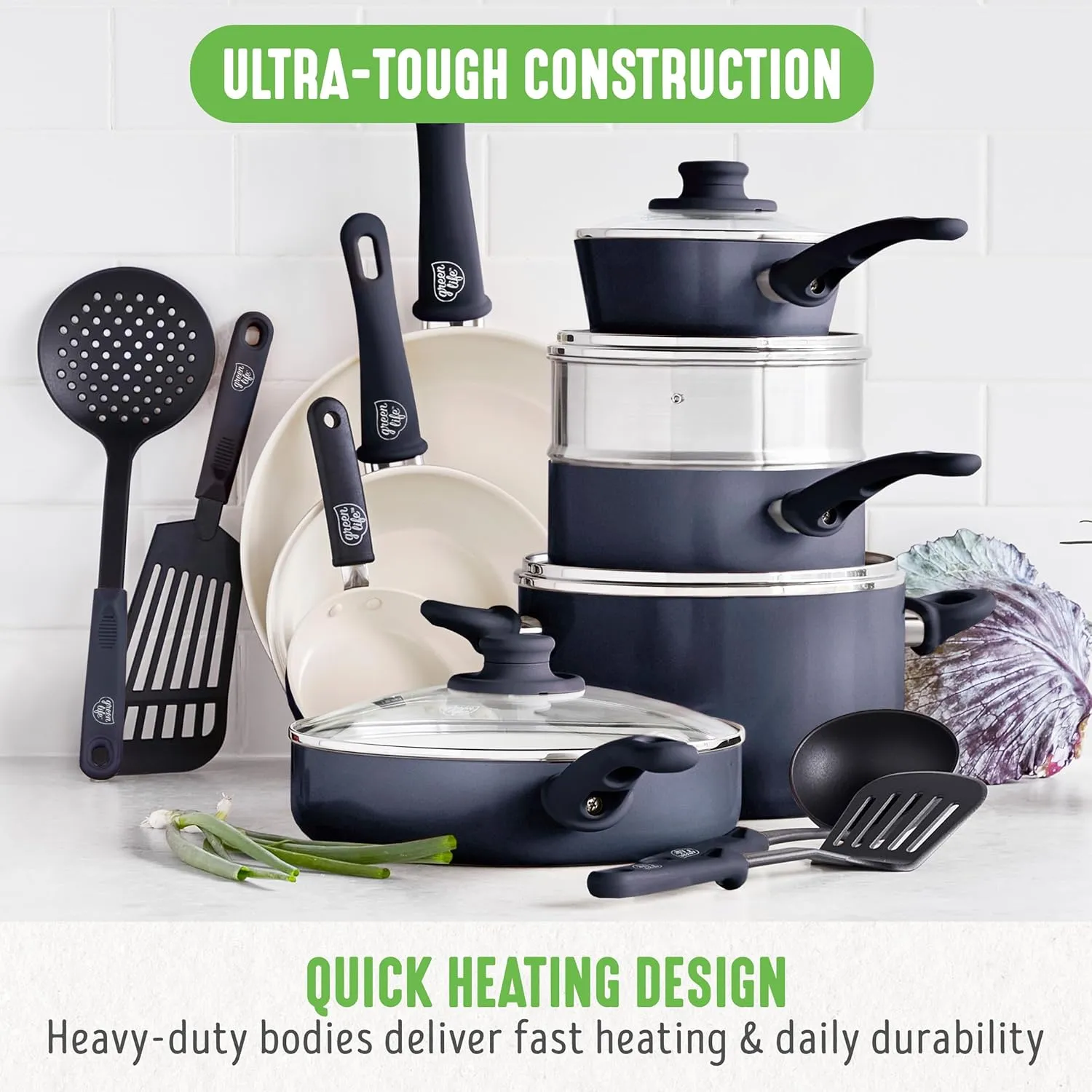 GreenLife Soft Grip 16 Piece Cookware Set, Non-Toxic PFAS-Free Ceramic Nonstick, Frying, Sauce, Saute, Utensils, Glass Lids, Stay-Cool Handles, Wobble Free, Dishwasher & Oven Safe, Black and Cream