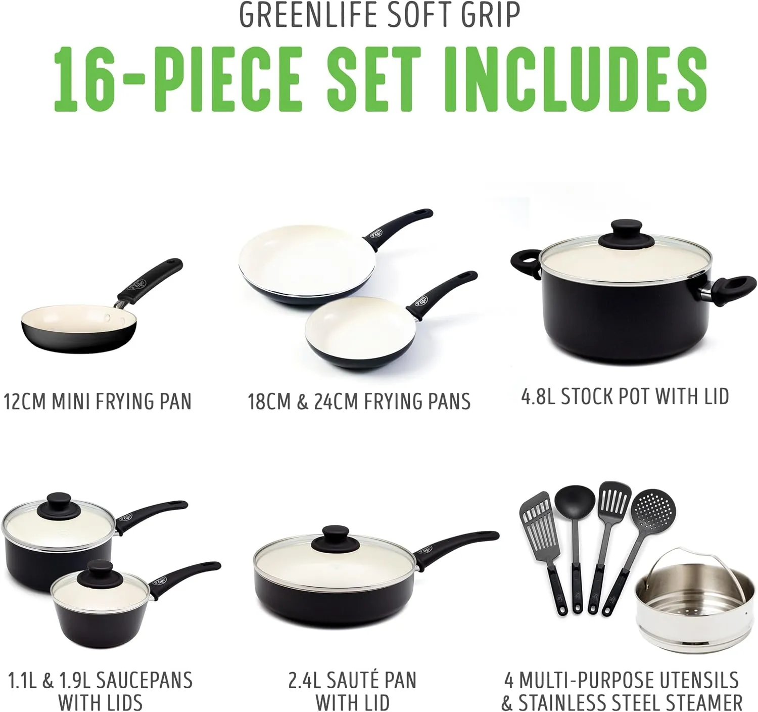 GreenLife Soft Grip 16 Piece Cookware Set, Non-Toxic PFAS-Free Ceramic Nonstick, Frying, Sauce, Saute, Utensils, Glass Lids, Stay-Cool Handles, Wobble Free, Dishwasher & Oven Safe, Black and Cream