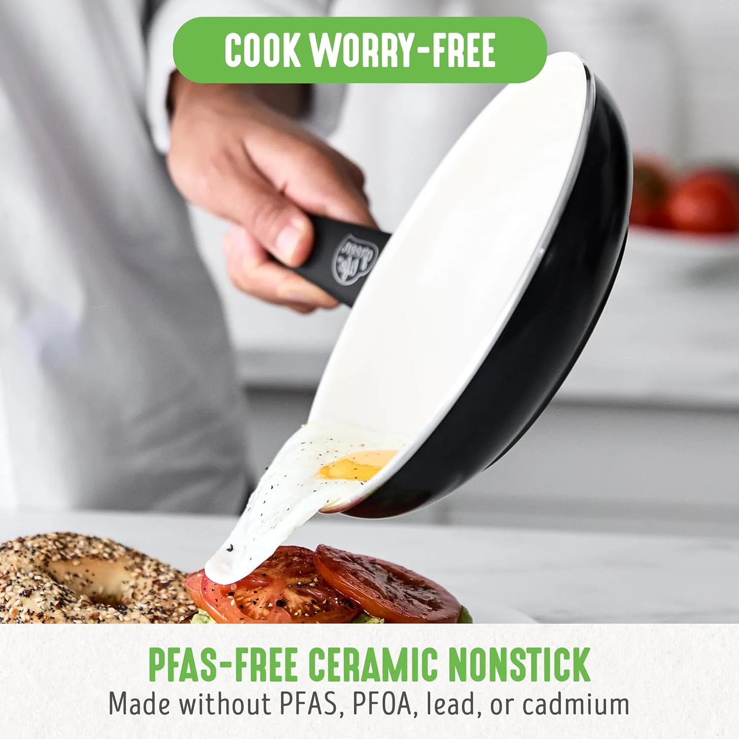GreenLife Soft Grip 16 Piece Cookware Set, Non-Toxic PFAS-Free Ceramic Nonstick, Frying, Sauce, Saute, Utensils, Glass Lids, Stay-Cool Handles, Wobble Free, Dishwasher & Oven Safe, Black and Cream
