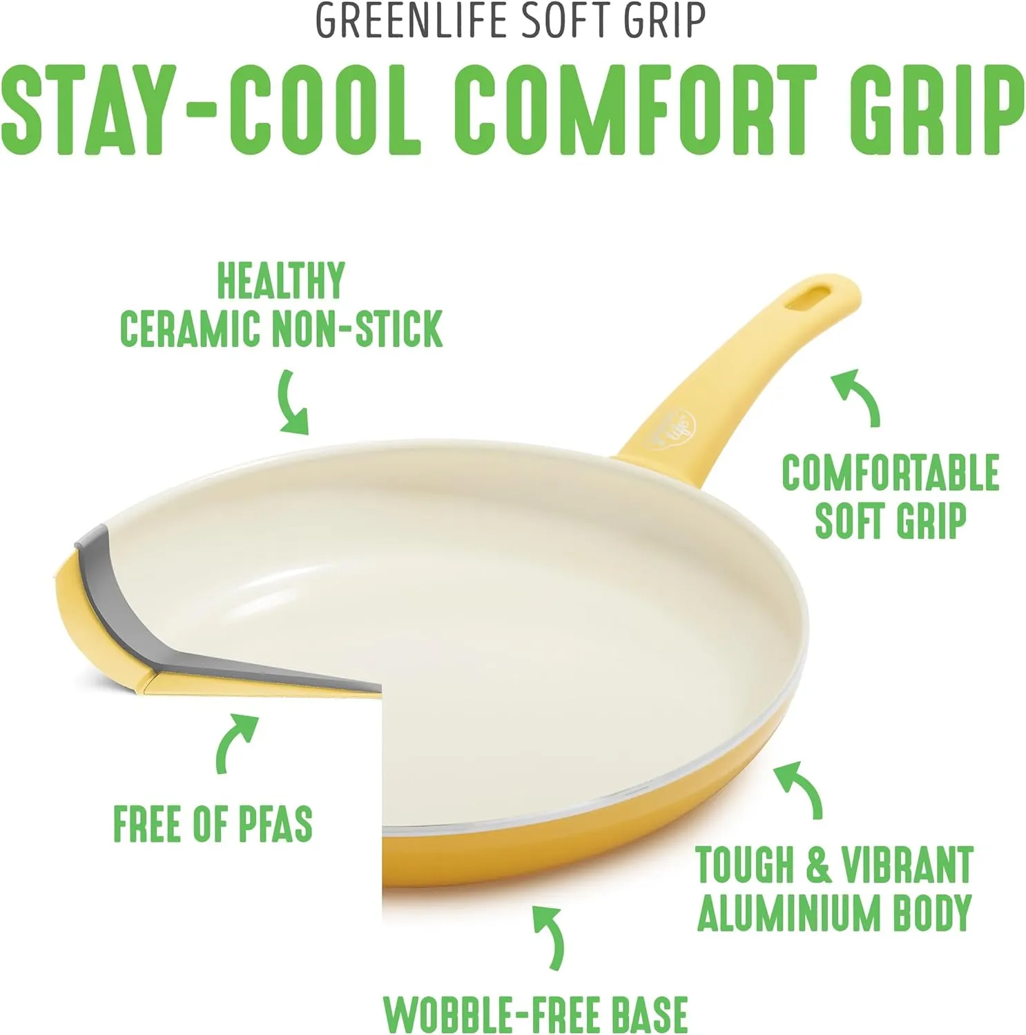 GreenLife Soft Grip 16 Piece Cookware Set, Non-Toxic PFAS-Free Ceramic Nonstick, Frying, Sauce, Saute, Utensils, Glass Lids, Stay-Cool Handles, Wobble Free, Dishwasher & Oven Safe, Yellow