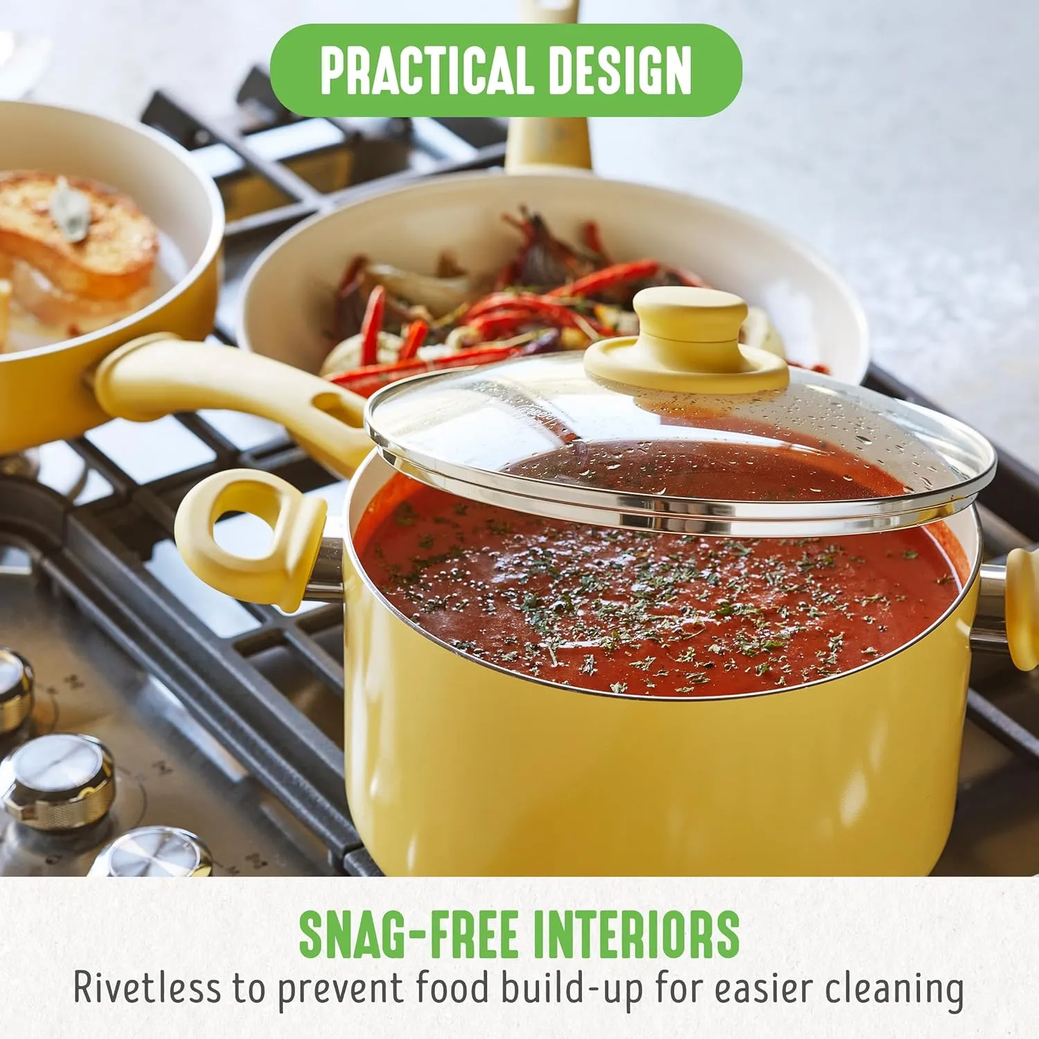 GreenLife Soft Grip 16 Piece Cookware Set, Non-Toxic PFAS-Free Ceramic Nonstick, Frying, Sauce, Saute, Utensils, Glass Lids, Stay-Cool Handles, Wobble Free, Dishwasher & Oven Safe, Yellow