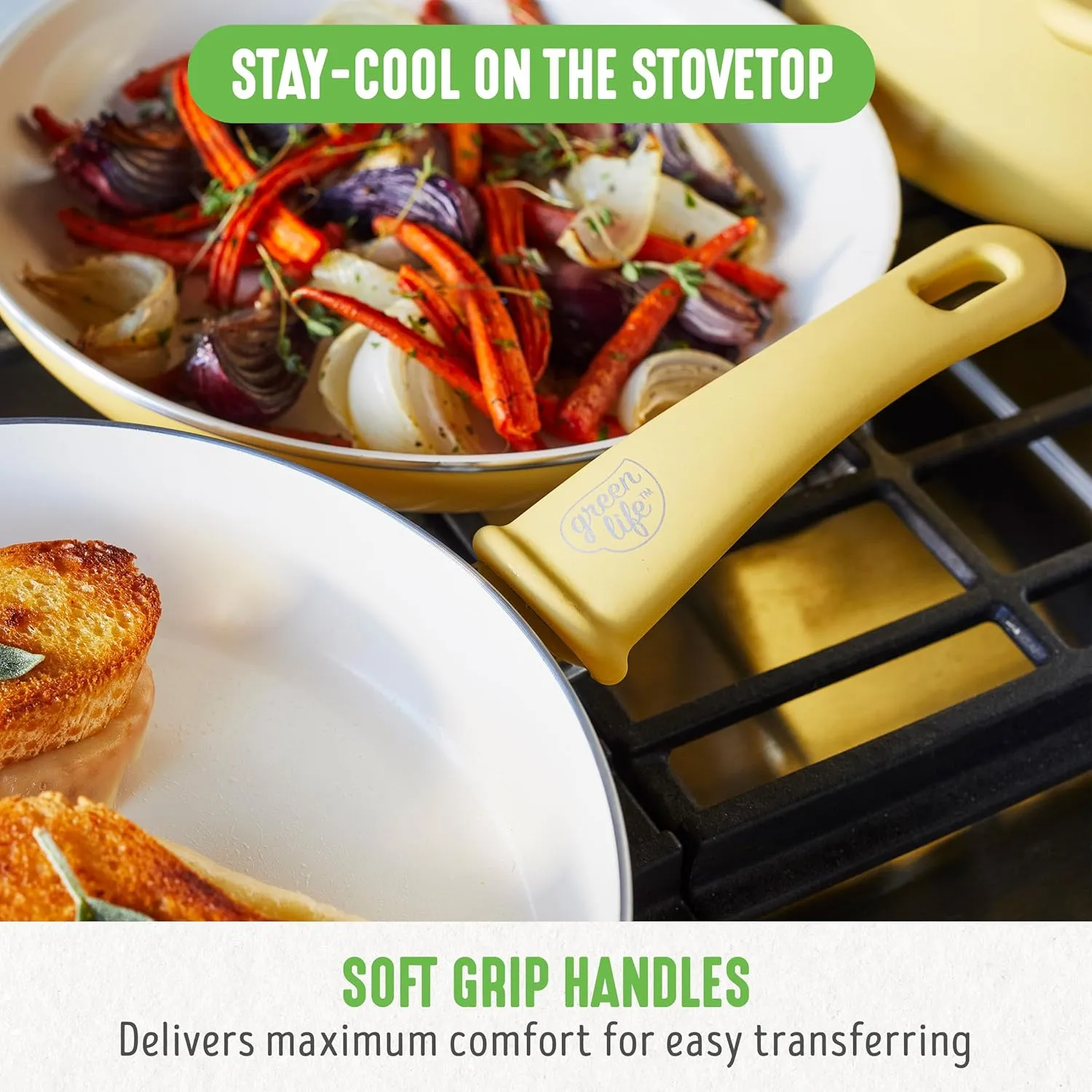 GreenLife Soft Grip 16 Piece Cookware Set, Non-Toxic PFAS-Free Ceramic Nonstick, Frying, Sauce, Saute, Utensils, Glass Lids, Stay-Cool Handles, Wobble Free, Dishwasher & Oven Safe, Yellow