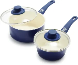 GreenLife Soft Grip 1QT and 2QT Saucepan Set, Non-Toxic PFAS-Free Ceramic Nonstick, Glass Lids, Stay Cool Handles, Wobble Free Base, Dishwasher & Oven Safe, Easy Clean, Multipurpose, Blue