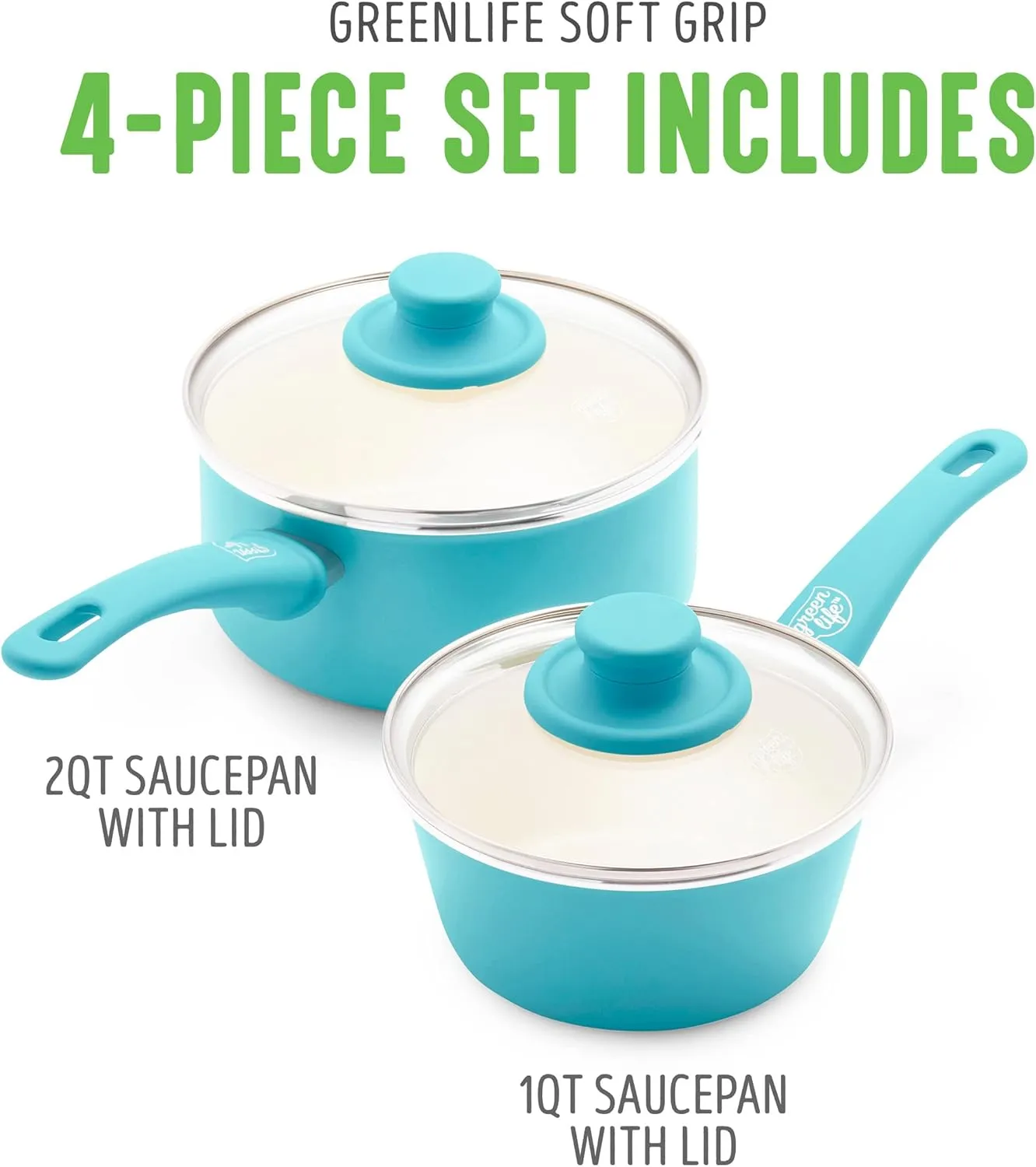 GreenLife Soft Grip 1QT and 2QT Saucepan Set, Non-Toxic PFAS-Free Ceramic Nonstick, Glass Lids, Stay Cool Handles, Wobble Free Base, Dishwasher & Oven Safe, Easy Clean, Multipurpose, Caribbean Blue