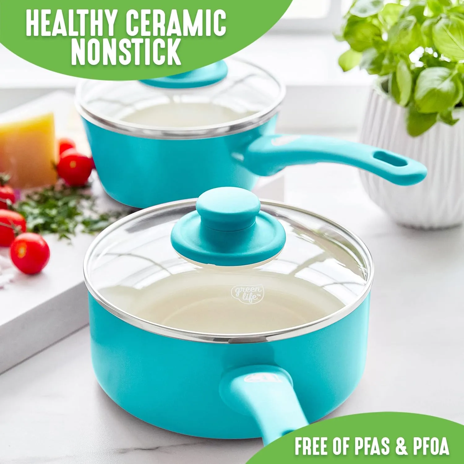 GreenLife Soft Grip 1QT and 2QT Saucepan Set, Non-Toxic PFAS-Free Ceramic Nonstick, Glass Lids, Stay Cool Handles, Wobble Free Base, Dishwasher & Oven Safe, Easy Clean, Multipurpose, Caribbean Blue