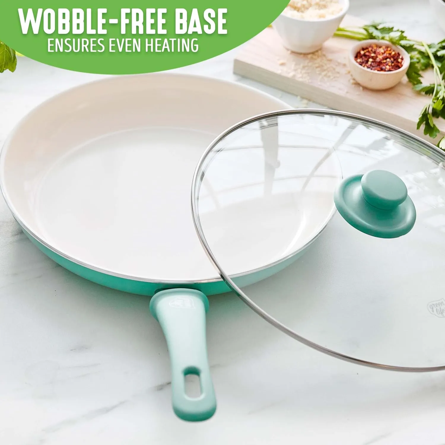 GreenLife Soft Grip Healthy Ceramic Nonstick, 12" Frying Pan Skillet with Lid, PFAS-Free, Dishwasher Safe, Turquoise