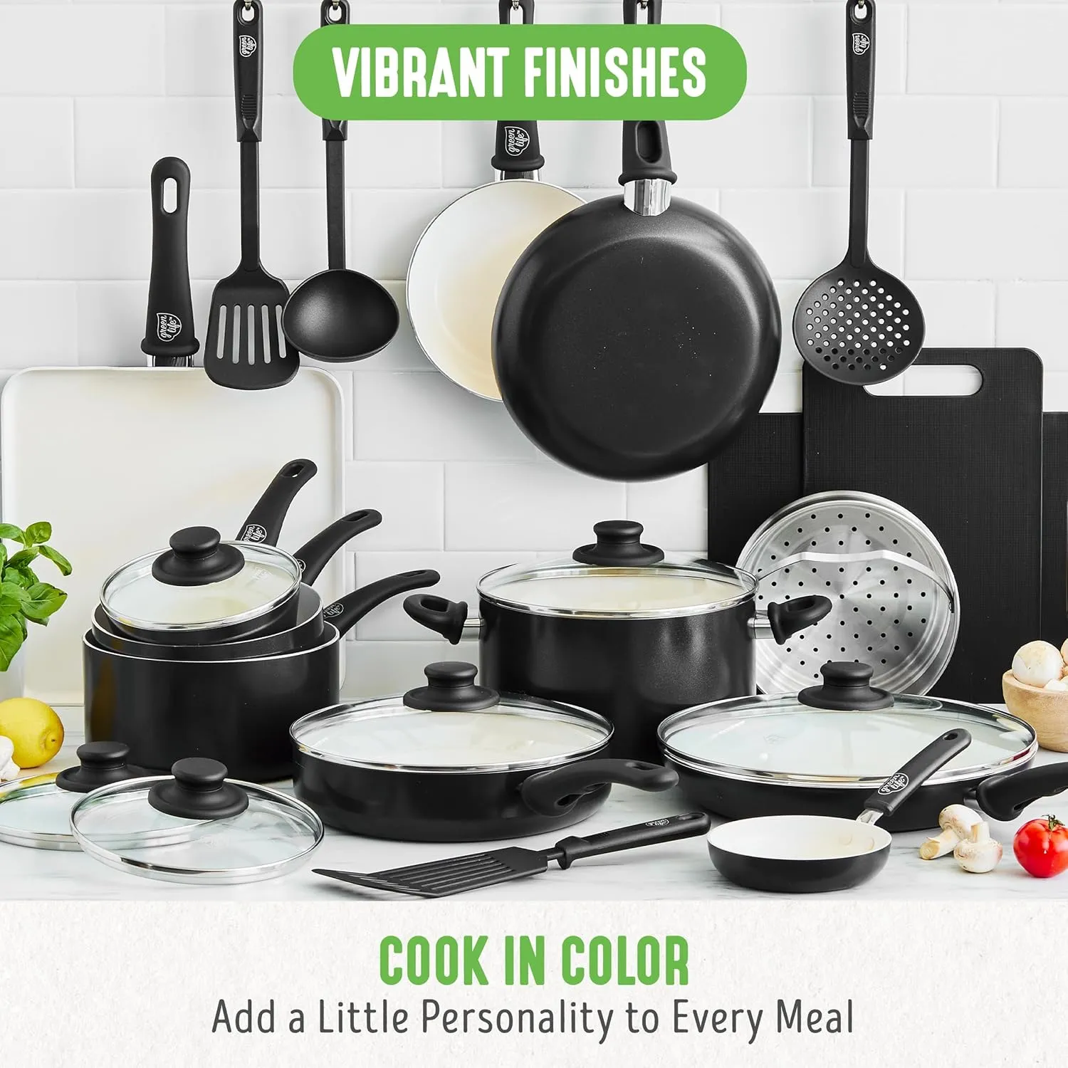 GreenLife Soft Grip Healthy Ceramic Nonstick 23 Piece Kitchen Cookware Pots and Frying Sauce Saute Pans Set with Kitchen Utensils, PFAS-Free, Dishwasher Safe, Black