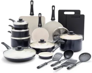 GreenLife Soft Grip Healthy Ceramic Nonstick 23 Piece Kitchen Cookware Pots and Frying Sauce Saute Pans Set with Kitchen Utensils, PFAS-Free, Dishwasher Safe, Black