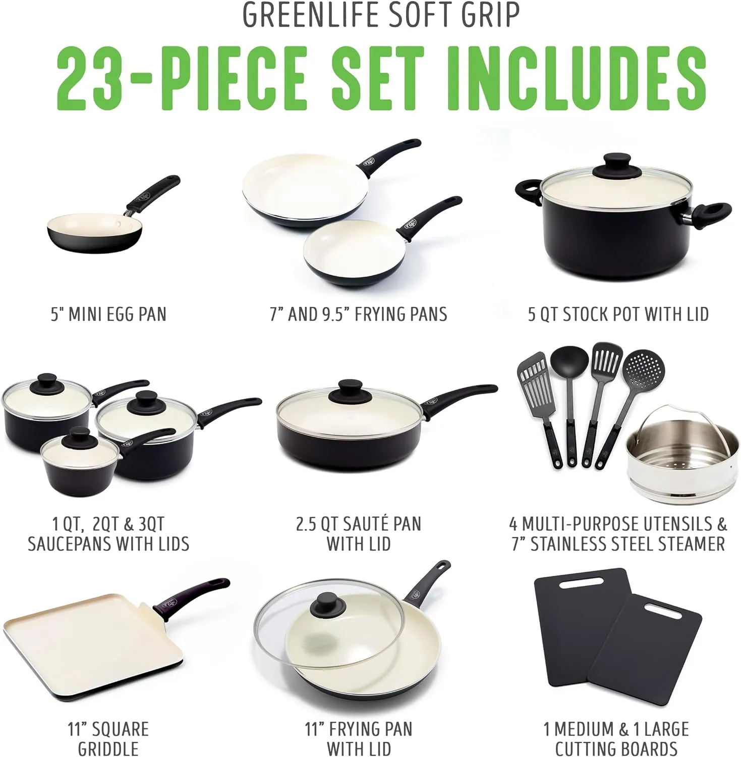 GreenLife Soft Grip Healthy Ceramic Nonstick 23 Piece Kitchen Cookware Pots and Frying Sauce Saute Pans Set with Kitchen Utensils, PFAS-Free, Dishwasher Safe, Black