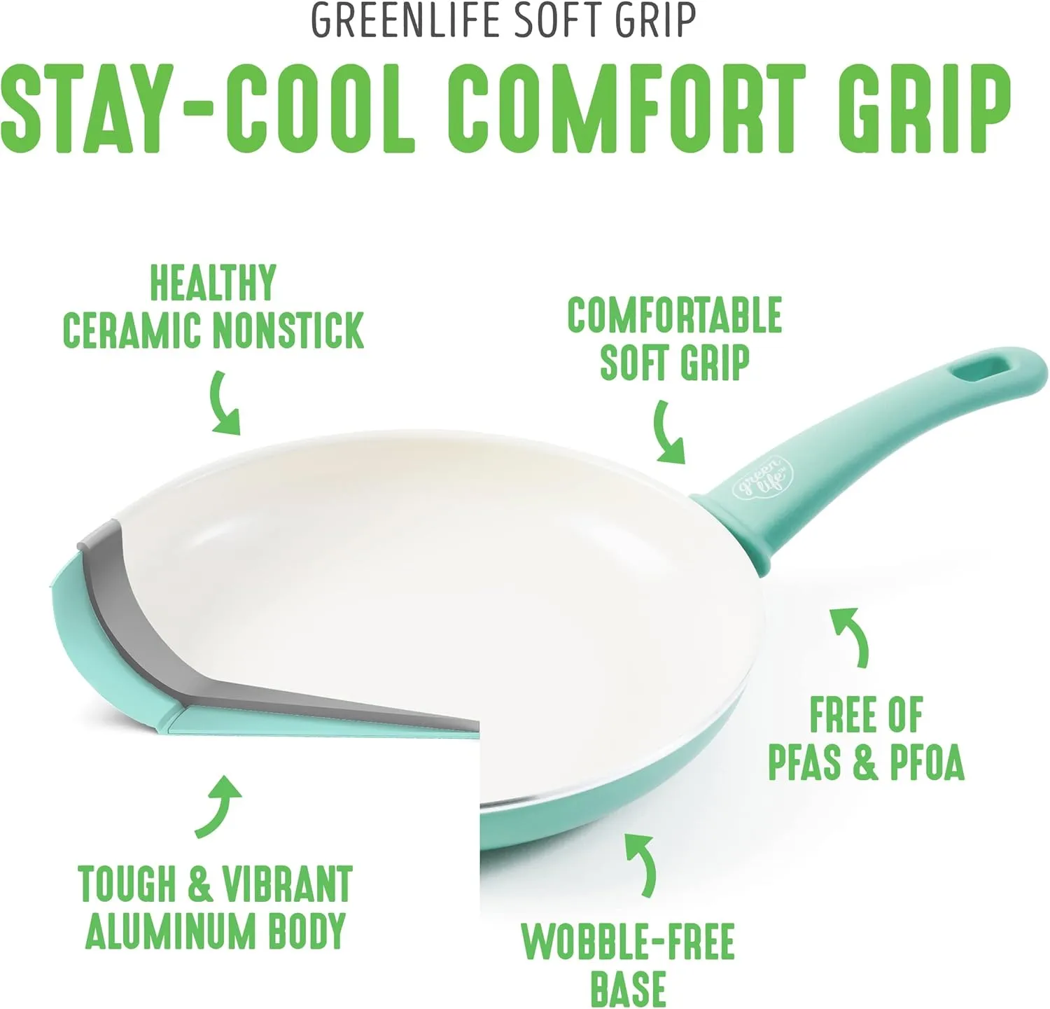 GreenLife Soft Grip Healthy Ceramic Nonstick, 8" 10" and 12" Frying Pan Skillet Set, PFAS-Free, Dishwasher Safe, Turquoise