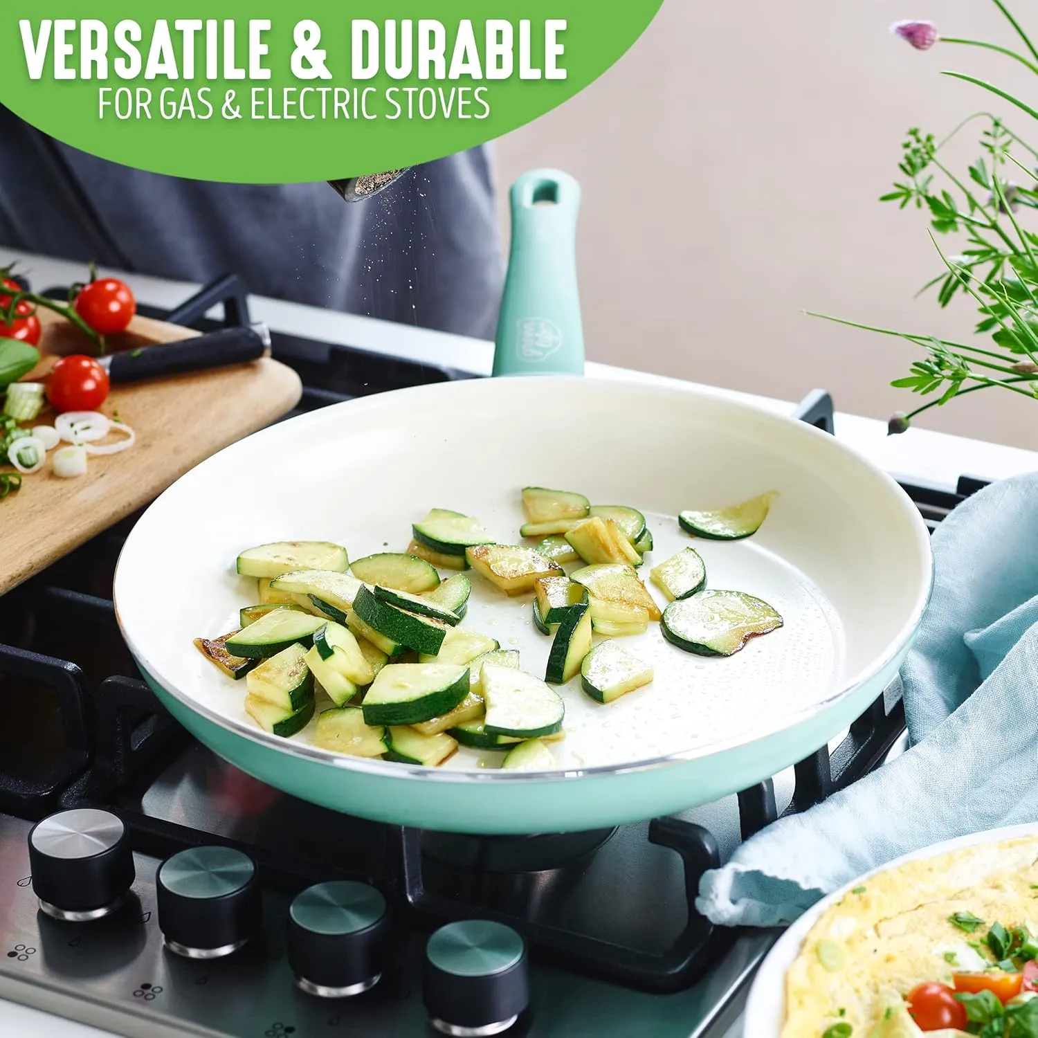 GreenLife Soft Grip Healthy Ceramic Nonstick, 8" 10" and 12" Frying Pan Skillet Set, PFAS-Free, Dishwasher Safe, Turquoise