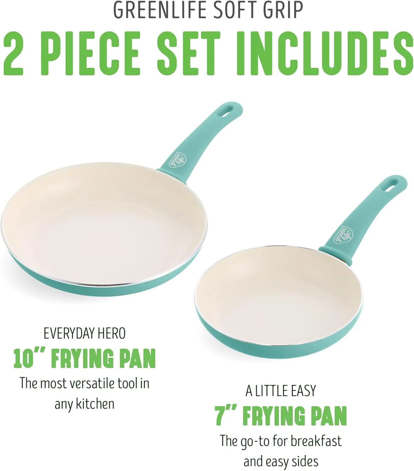 GreenLife Soft Grip Healthy Ceramic Nonstick, Frying Pan Set, 7" and 10", Turquoise