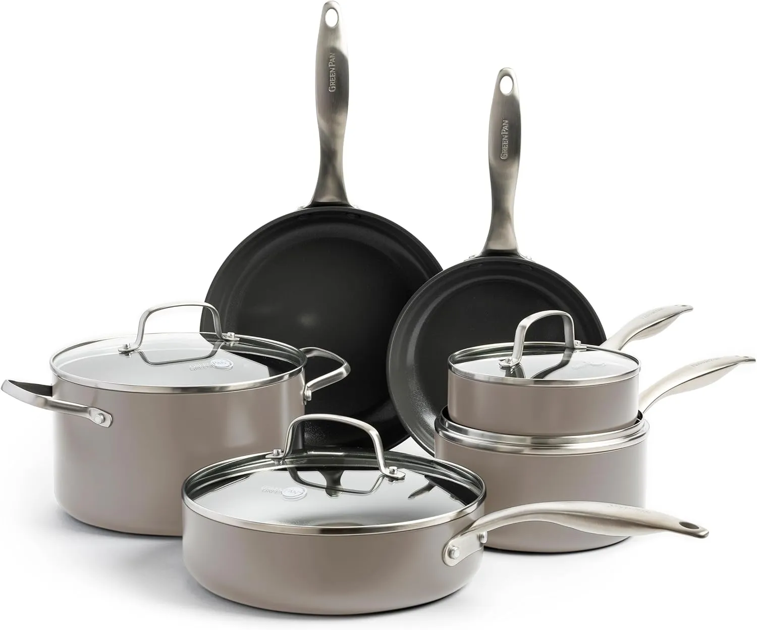 GreenPan Canterbury 10 Piece Cookware Pots and Pans Set, Hard Anodized Ceramic Nonstick, PFOA and PFAS-Free, Metal Utensil Safe, Oven & Dishwasher Safe, Clay