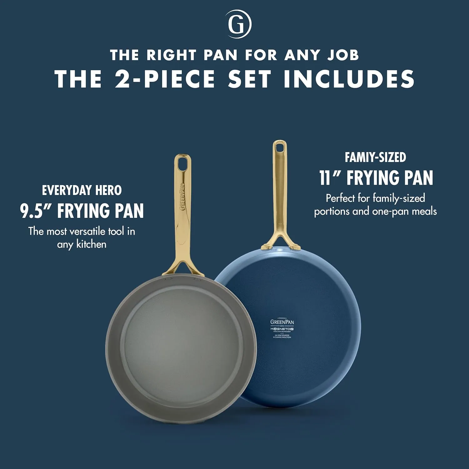 GreenPan GP5 9.5” and 11” 2 Piece Frying Pan Skillet Set, Hard Anodized Healthy Ceramic Nonstick PFAS-Free Cookware, Champagne Handles, Stay-Flat Surface, Induction, Dishwasher and Oven Safe, Blue