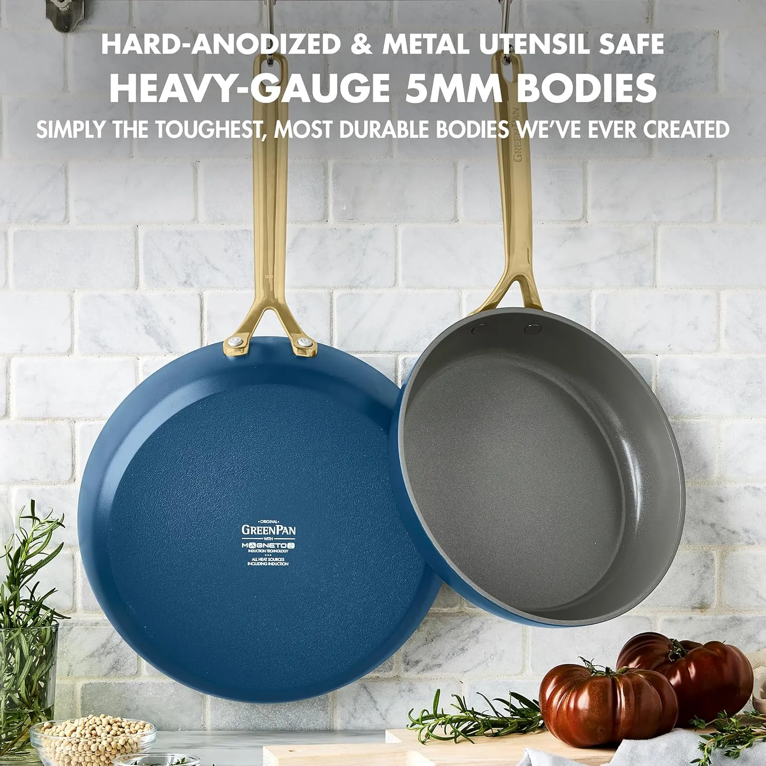 GreenPan GP5 9.5” and 11” 2 Piece Frying Pan Skillet Set, Hard Anodized Healthy Ceramic Nonstick PFAS-Free Cookware, Champagne Handles, Stay-Flat Surface, Induction, Dishwasher and Oven Safe, Blue
