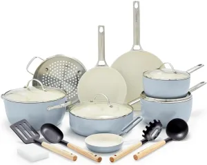 GreenPan Padova Hard Anodized Healthy Ceramic Nonstick 17 Piece Cookware Set, PFAS-Free, Induction, Dishwasher Safe, Oven Safe, Light Blue