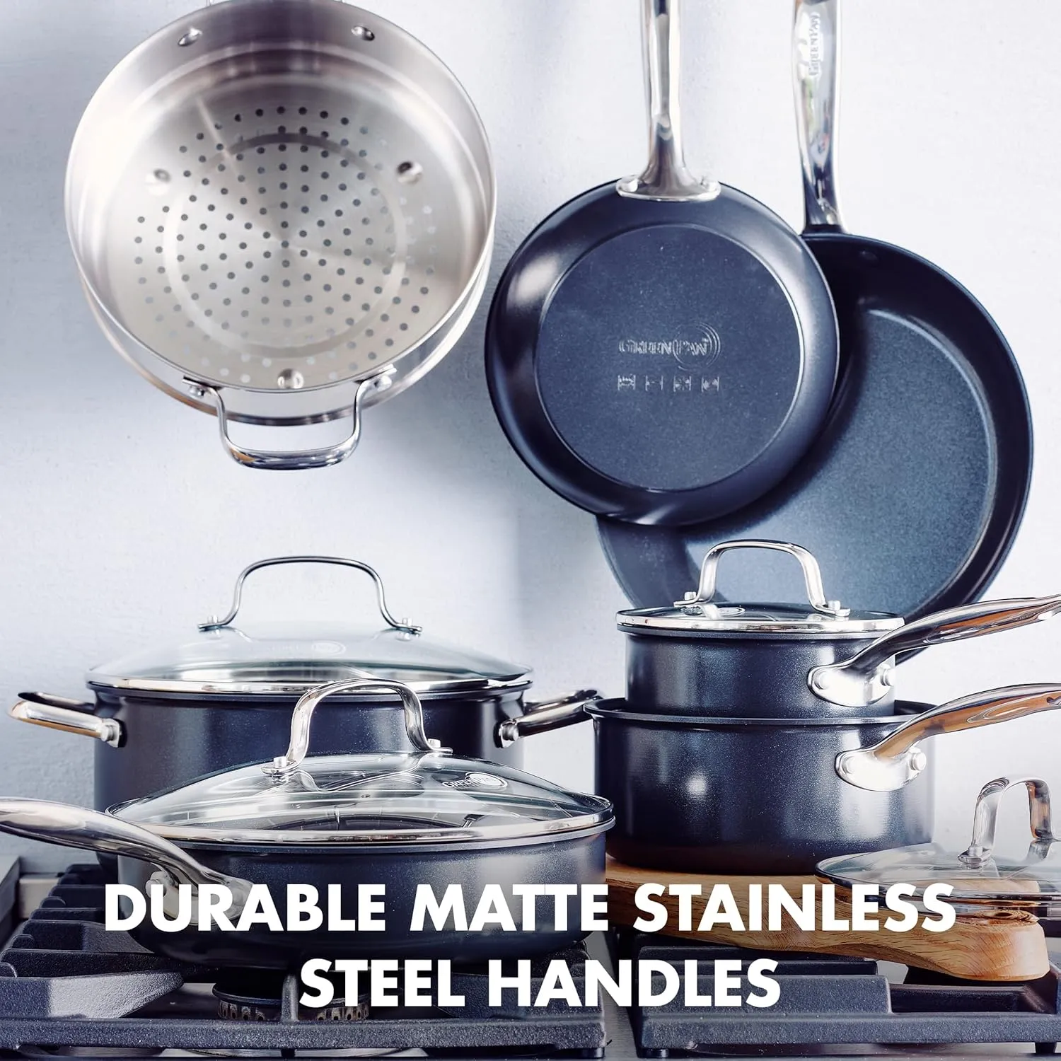 GreenPan Prime Midnight Hard Anodized Healthy Ceramic Nonstick 11 Piece Cookware Pots and Pans Set, PFAS-Free, Dishwasher Safe, Oven Safe, Black