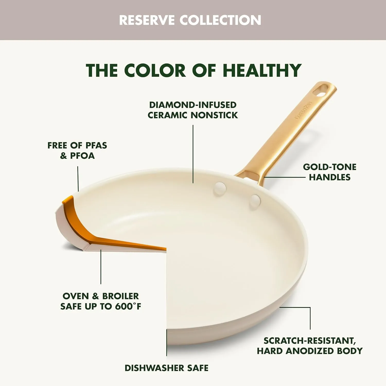 GreenPan Reserve 10 Piece Cookware Set, Non-Toxic PFAS-Free Hard Anodized Healthy Ceramic Nonstick, Stainless Steel Gold Handle, Glass Lids, Dishwasher Safe, Oven & Broiler Safe, Taupe Brown
