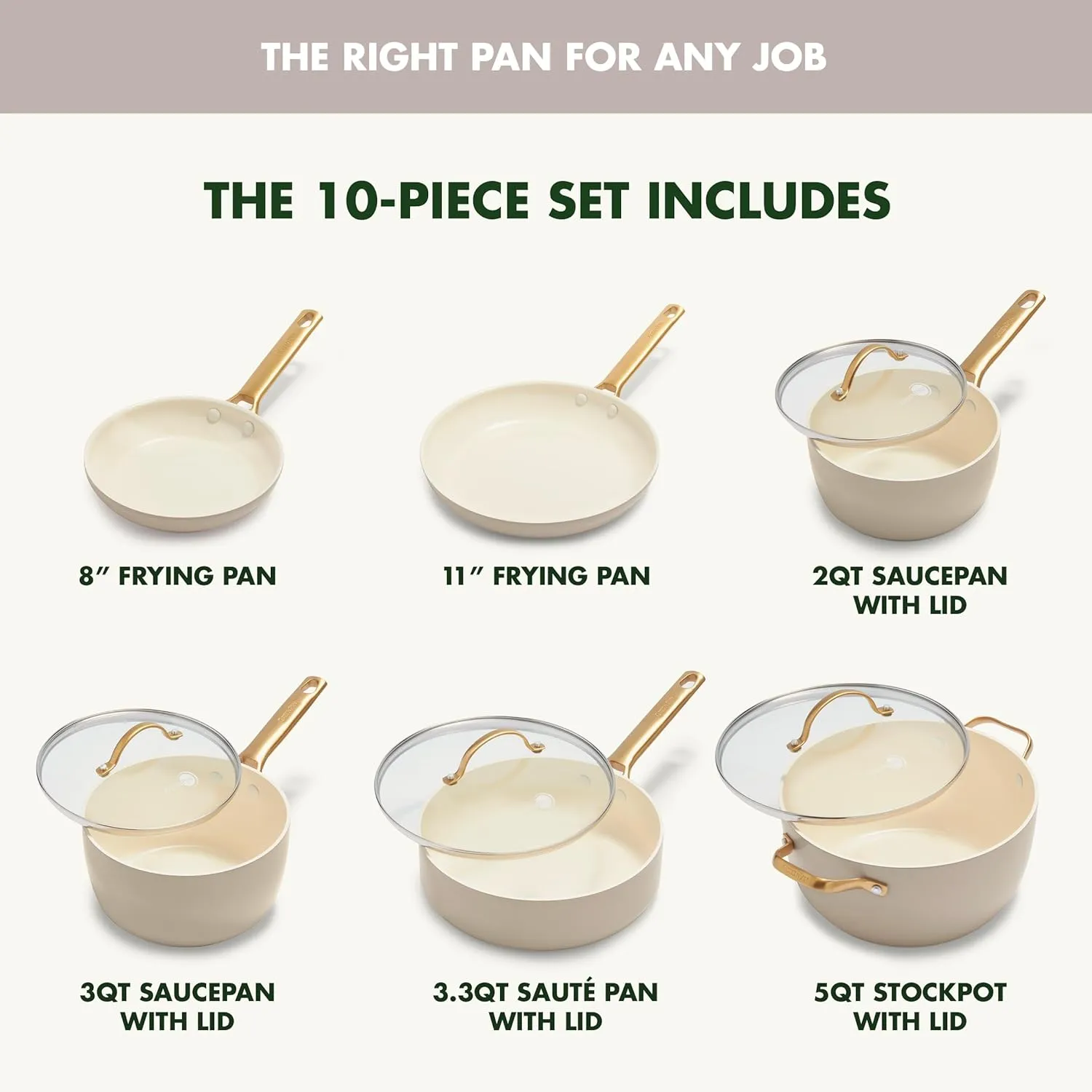 GreenPan Reserve 10 Piece Cookware Set, Non-Toxic PFAS-Free Hard Anodized Healthy Ceramic Nonstick, Stainless Steel Gold Handle, Glass Lids, Dishwasher Safe, Oven & Broiler Safe, Taupe Brown