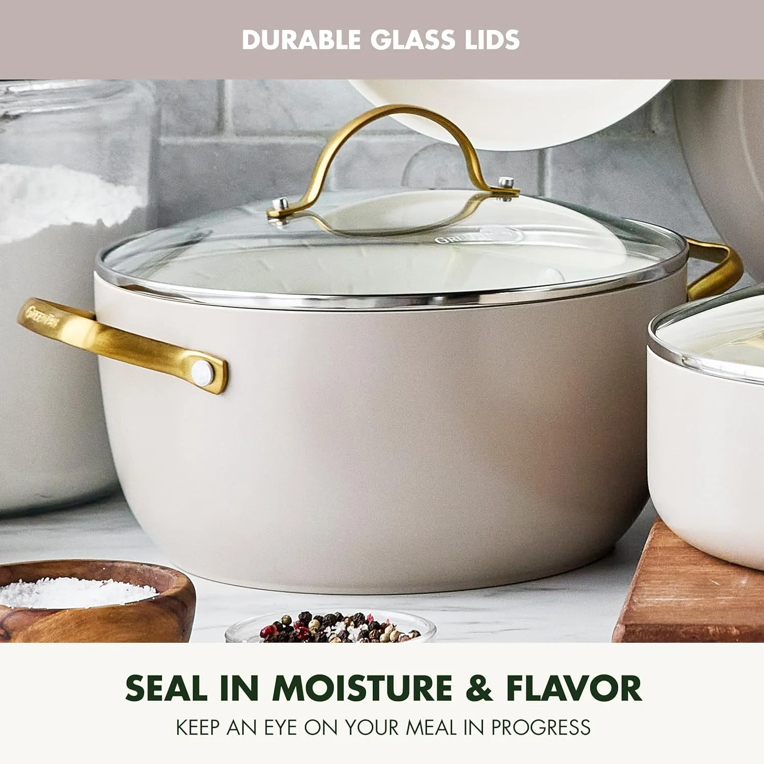 GreenPan Reserve 10 Piece Cookware Set, Non-Toxic PFAS-Free Hard Anodized Healthy Ceramic Nonstick, Stainless Steel Gold Handle, Glass Lids, Dishwasher Safe, Oven & Broiler Safe, Taupe Brown