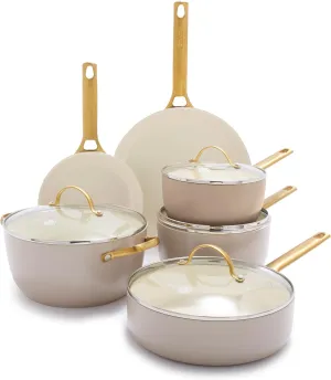 GreenPan Reserve 10 Piece Cookware Set, Non-Toxic PFAS-Free Hard Anodized Healthy Ceramic Nonstick, Stainless Steel Gold Handle, Glass Lids, Dishwasher Safe, Oven & Broiler Safe, Taupe Brown