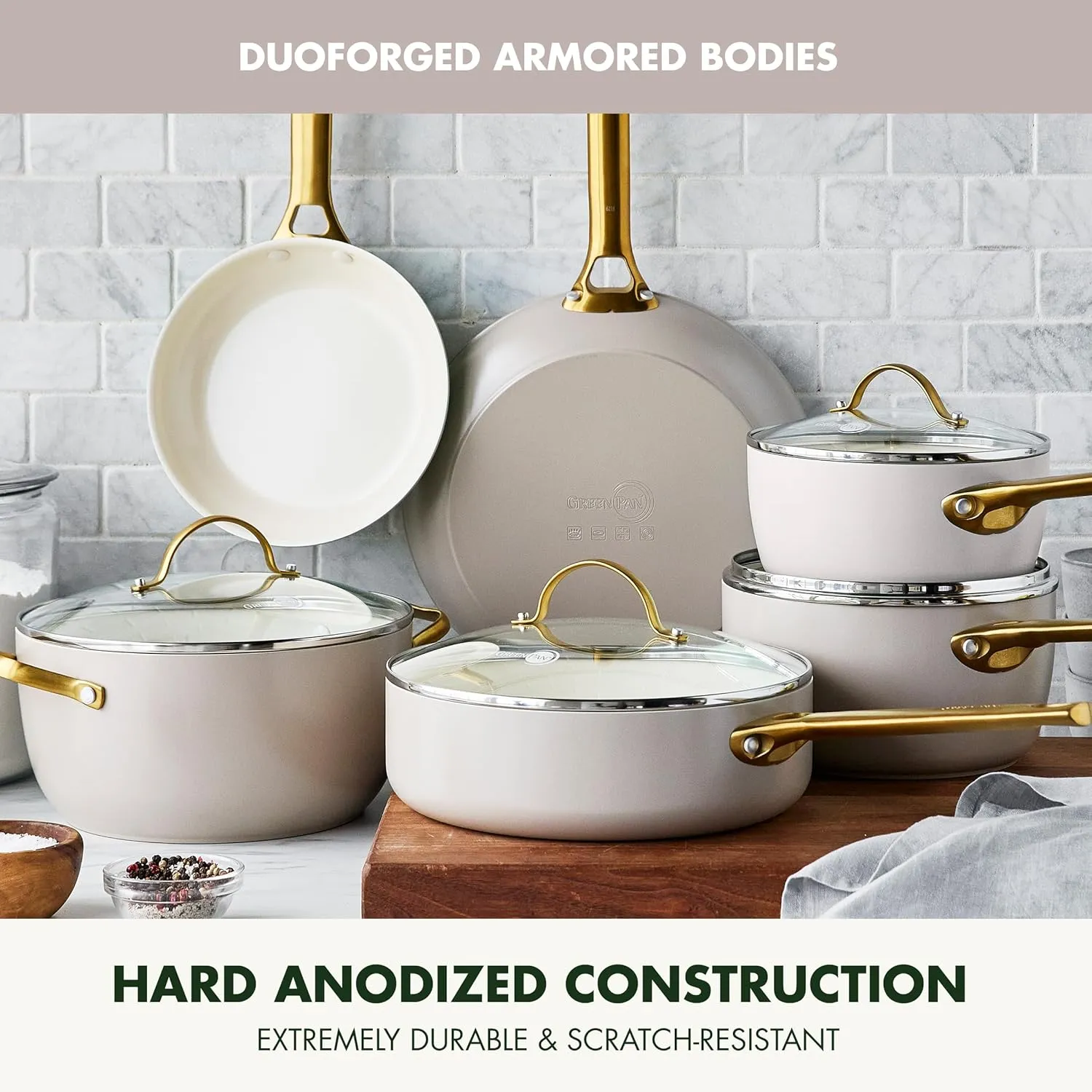 GreenPan Reserve 10 Piece Cookware Set, Non-Toxic PFAS-Free Hard Anodized Healthy Ceramic Nonstick, Stainless Steel Gold Handle, Glass Lids, Dishwasher Safe, Oven & Broiler Safe, Taupe Brown