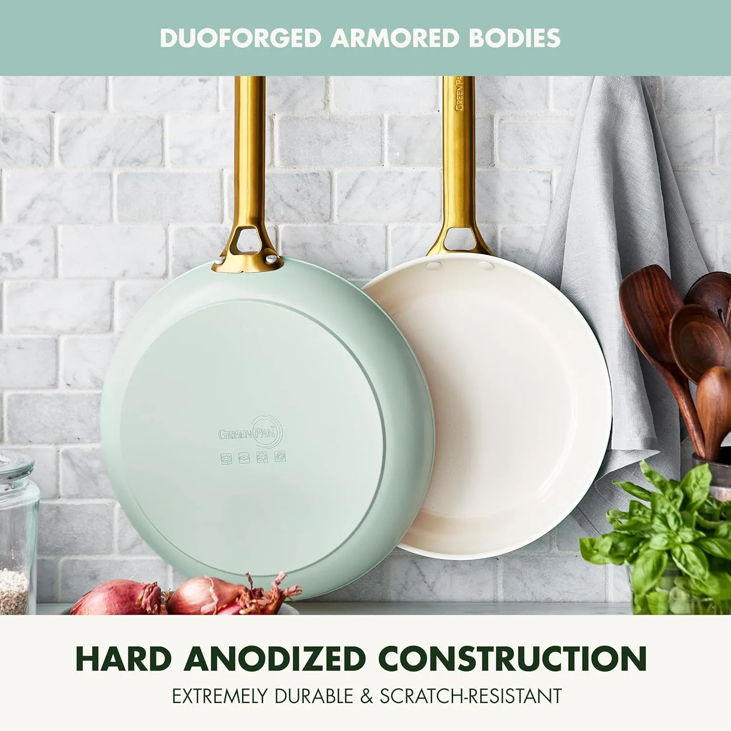 GreenPan Reserve Hard Anodized Healthy Ceramic Nonstick 10" and 12" Frying Pan Skillet Set, Gold Handle, PFAS-Free, Dishwasher Safe, Oven Safe, Julep Green