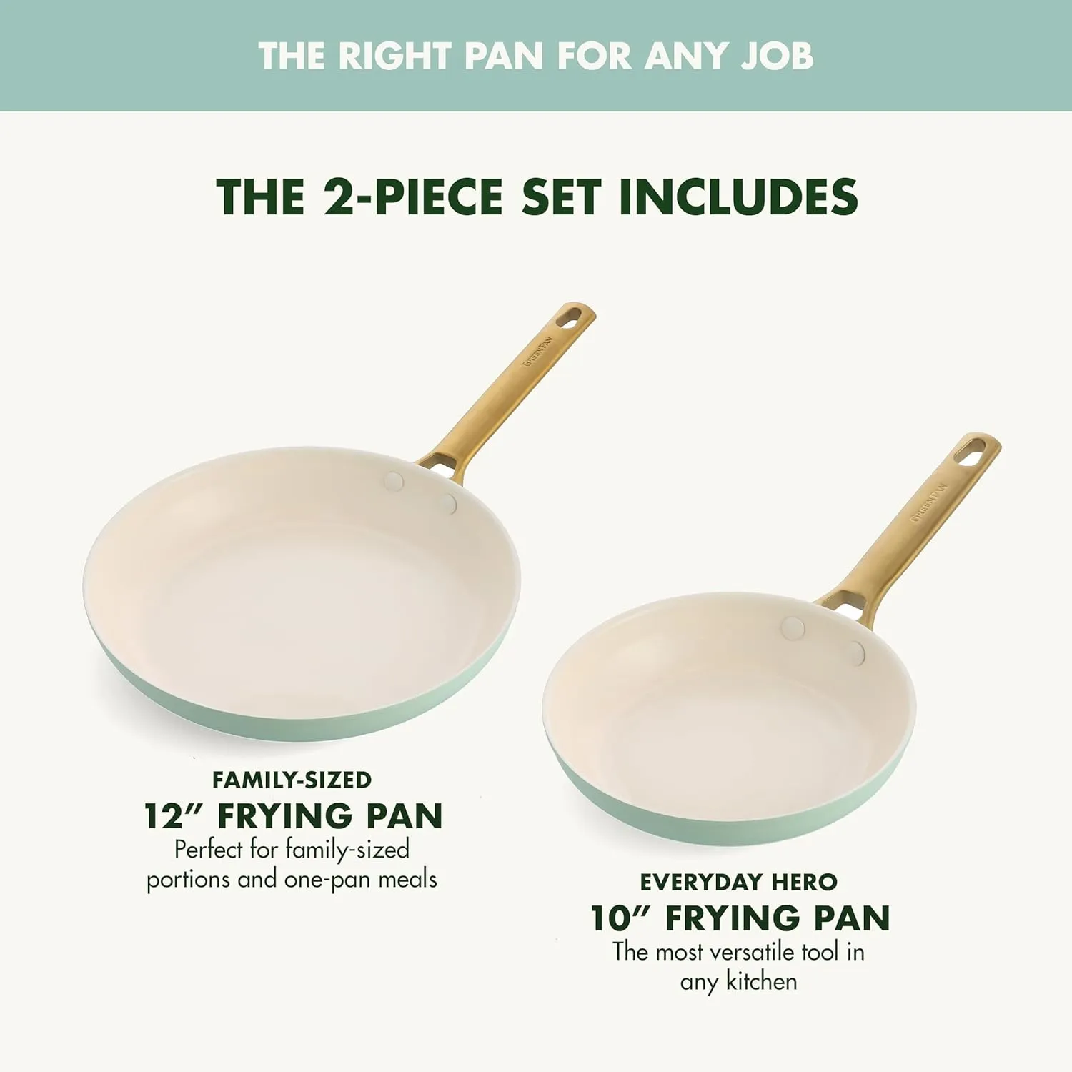 GreenPan Reserve Hard Anodized Healthy Ceramic Nonstick 10" and 12" Frying Pan Skillet Set, Gold Handle, PFAS-Free, Dishwasher Safe, Oven Safe, Julep Green