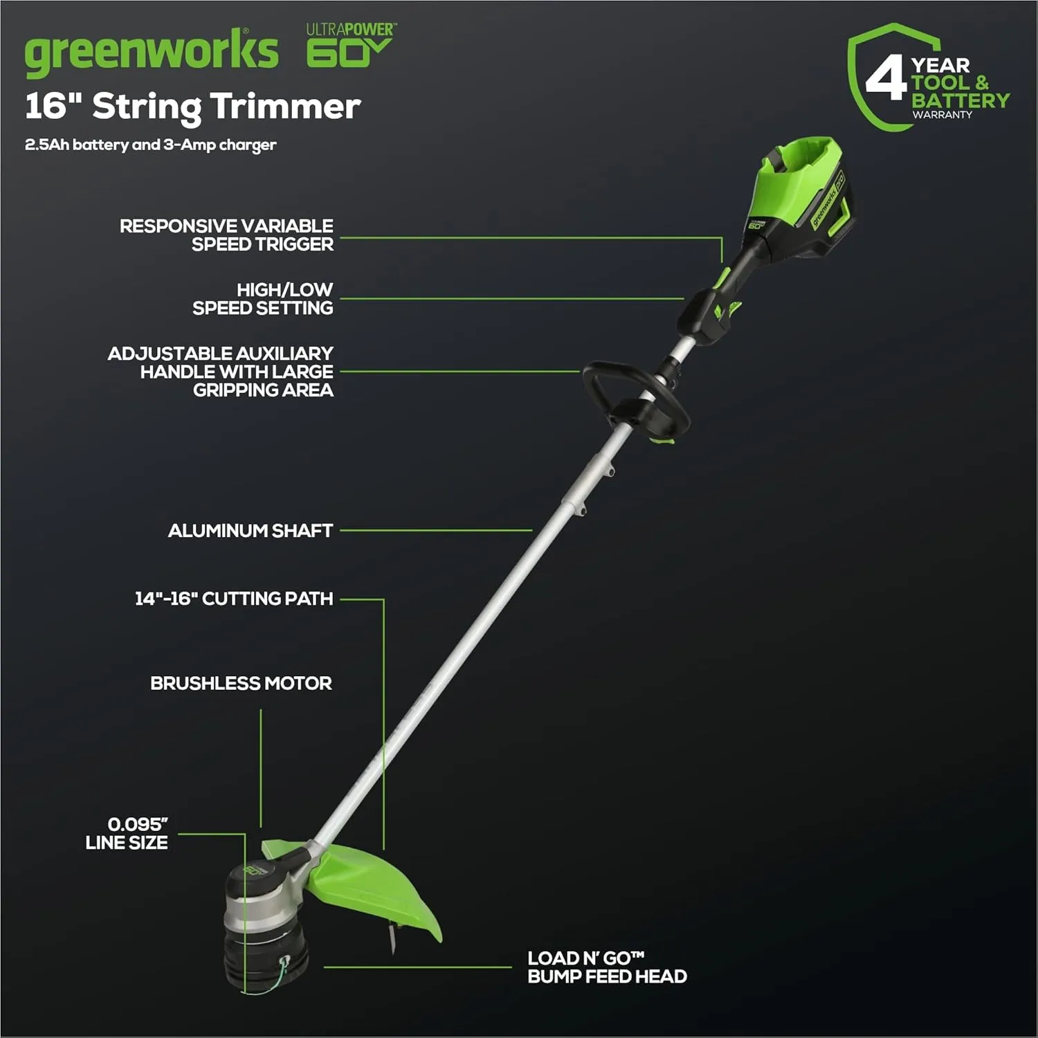 Greenworks 60V 16” Brushless Cordless String Trimmer, 2.5Ah Battery and Charger Included