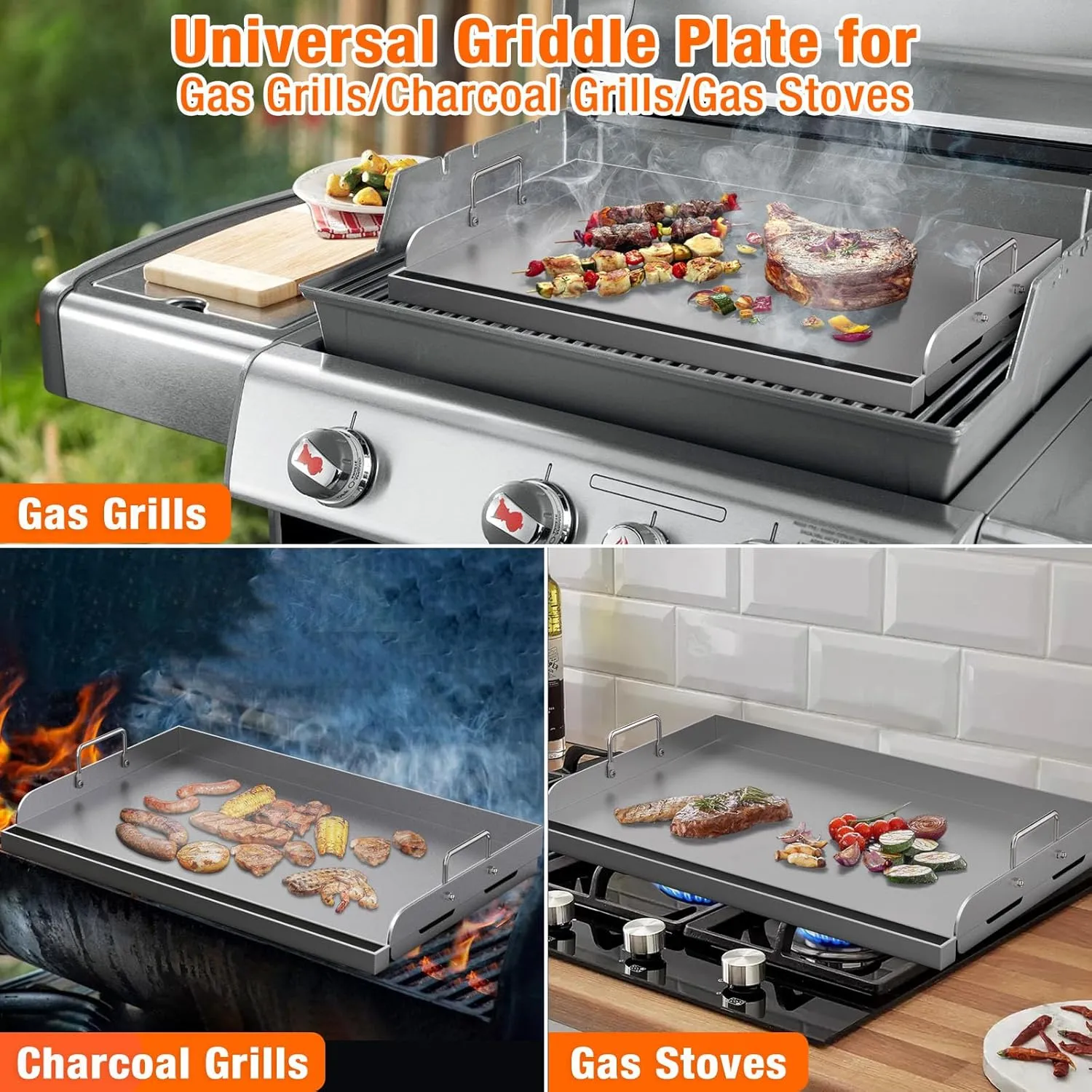 Griddle for Gas Grill, 25"x 16” Universal Fry Pan Metal Flat Top Griddle Plate for Gas Stove/Charcoal/Electric/Gas Grill, Large Stove Top Griddle Insert for Camping, Tailgating and Parties