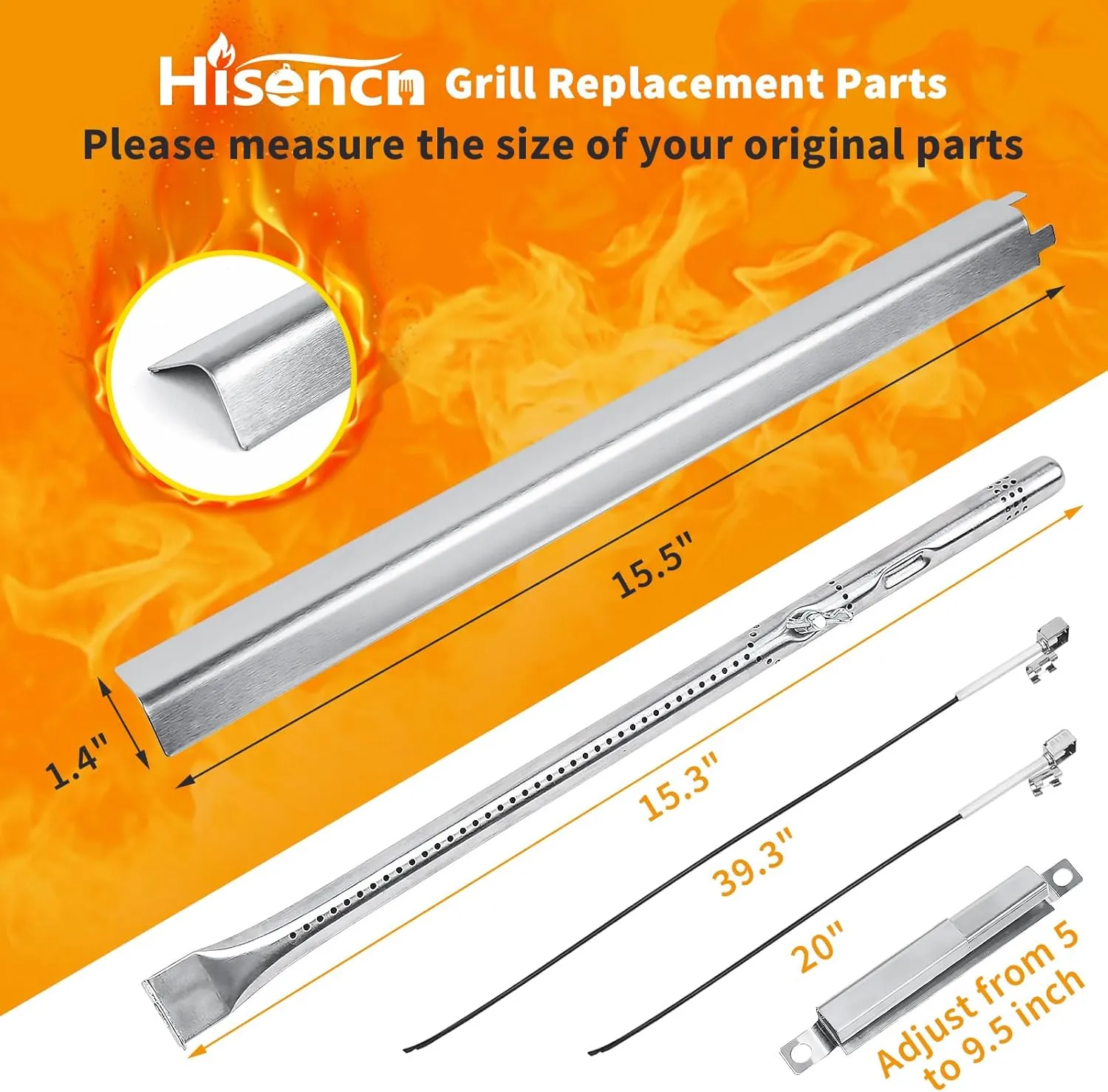 Grill Replacement Parts for Charbroil Performance 5 Burner 463448021 463450022 463451022, 4 Burner 463365021 463352521 463366022, G325-0002-W1 G327-2100-W1, 15.5“ Heat Plate, 15.3” Burner, Igniter