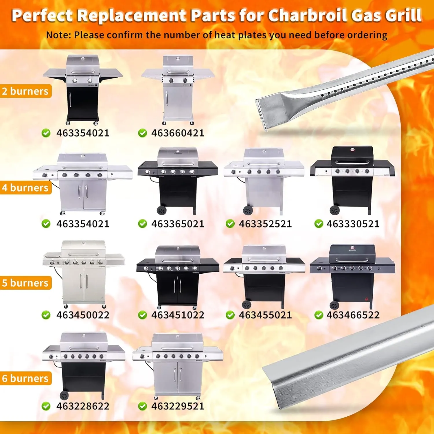 Grill Replacement Parts for Charbroil Performance 5 Burner 463448021 463450022 463451022, 4 Burner 463365021 463352521 463366022, G325-0002-W1 G327-2100-W1, 15.5“ Heat Plate, 15.3” Burner, Igniter