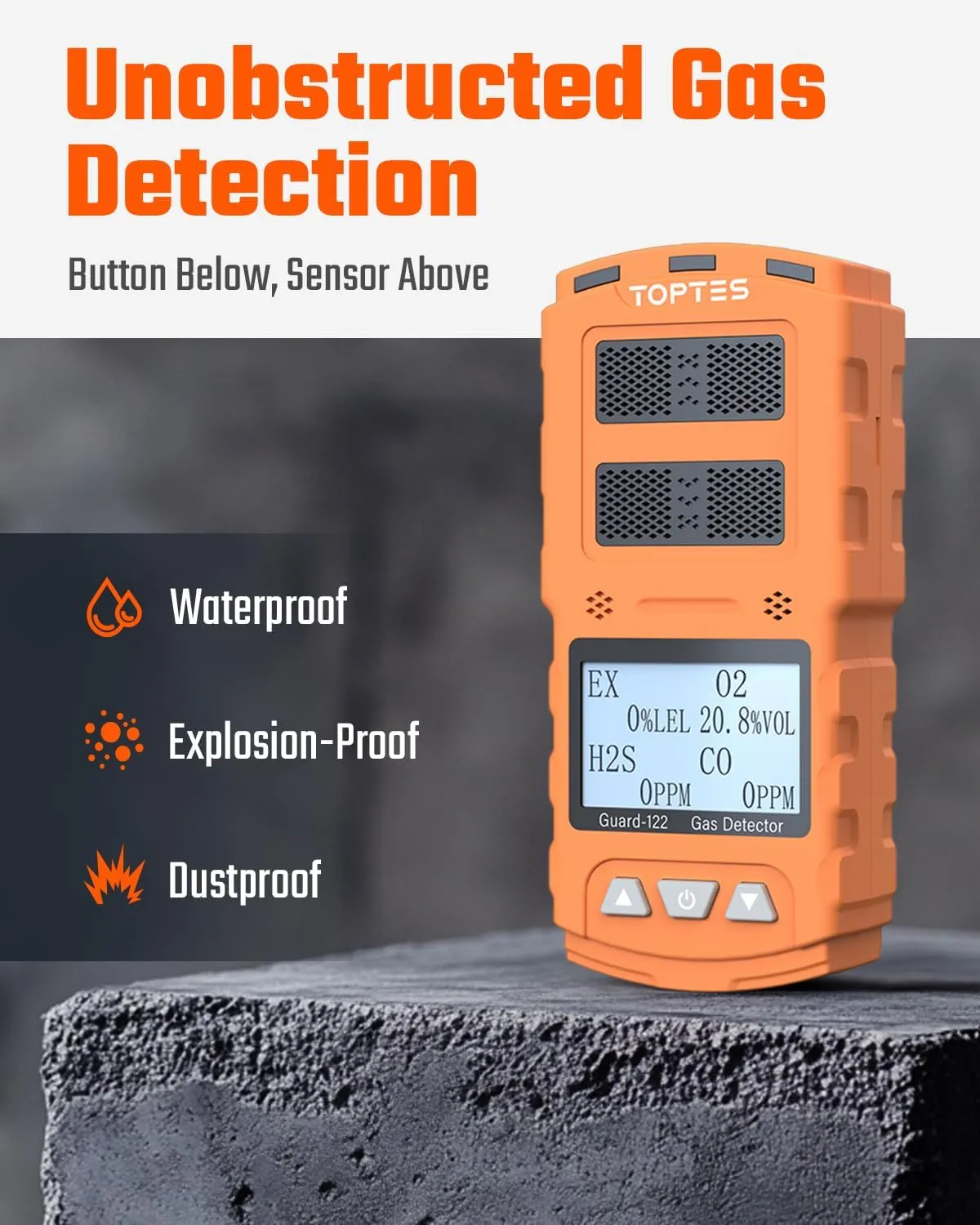 Guard-122 4 Gas Monitor Multi Gas Detector for H2S, CO, LEL, O2, 0.5s Response, Triple Alarms, Sensor Positioned at The Top for Unobstructed Detection, Safety Explosion-Proof for Work, Home