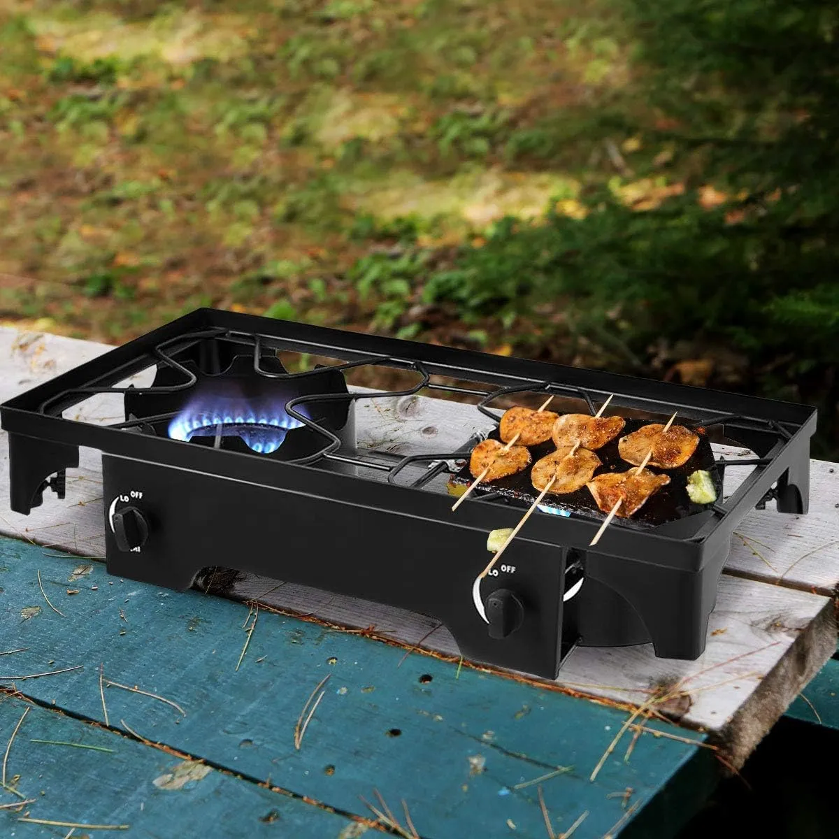 GYMAX Camping Stove, 2 Burner Propane Camp Stove w/Detachable Legs, 150,000-BTU Output, 20 PSI Regulator & CSA Certification, 30’’ Outdoor Stove, High Pressure Propane Burner for BBQ (2 Burner)